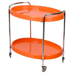 Midcentury Orange Plastic and Metal Chrome Oval Italian Bar Cart, 1950s