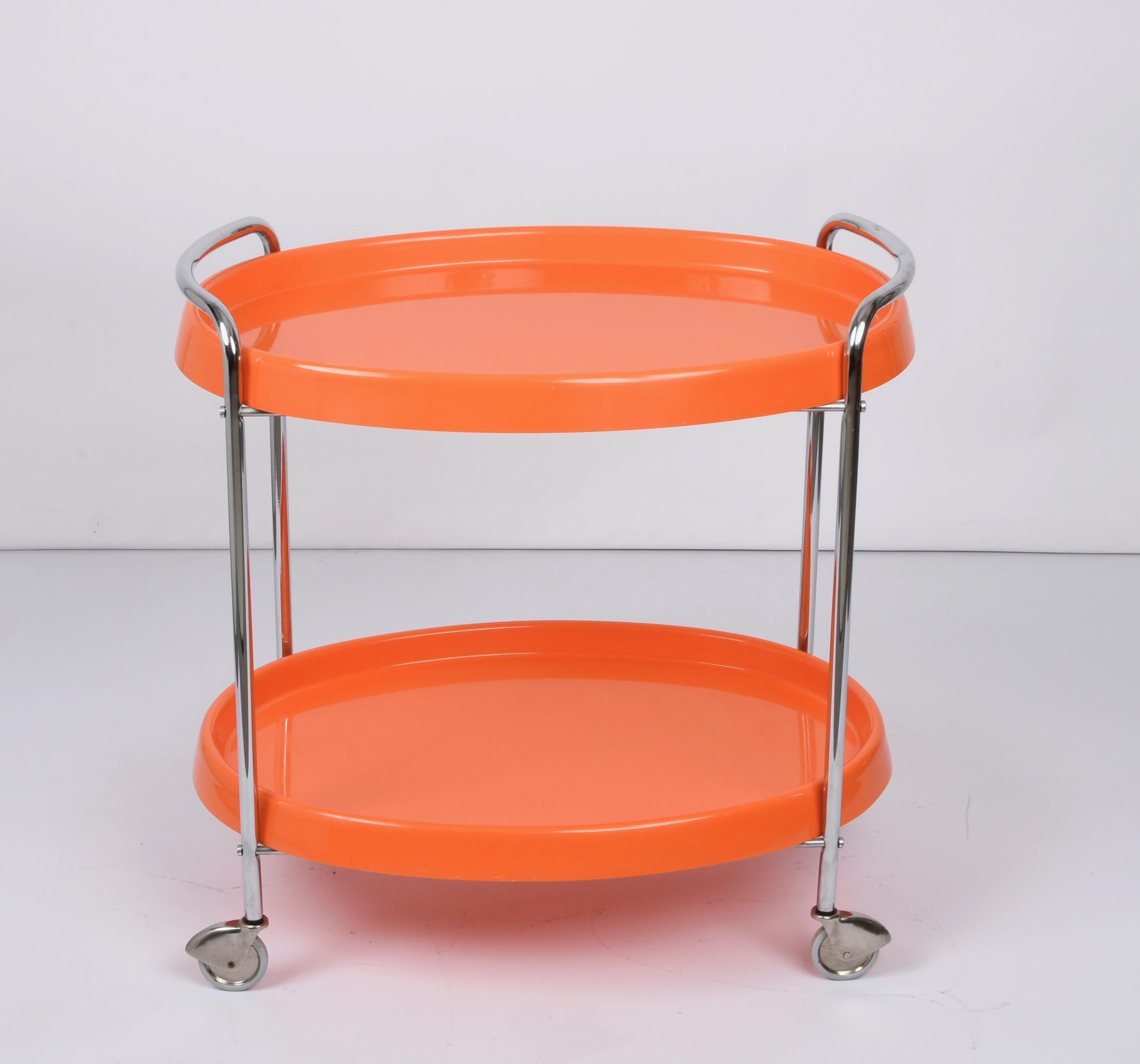 Mid-Century Modern Midcentury Orange Plastic and Metal Chrome Oval Italian Bar Cart, 1950s
