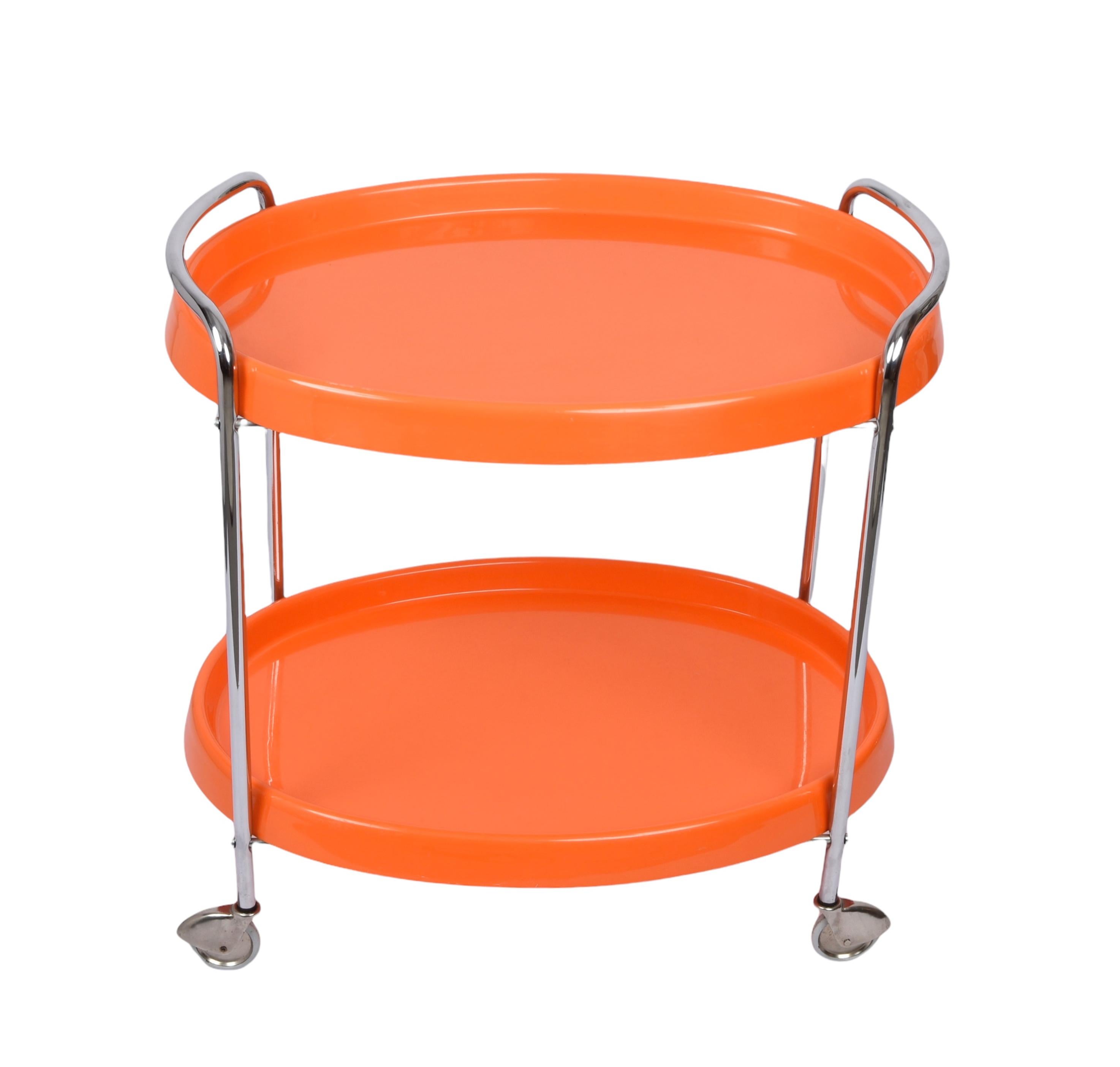 Midcentury Orange Plastic and Metal Chrome Oval Italian Bar Cart, 1950s In Good Condition In Roma, IT