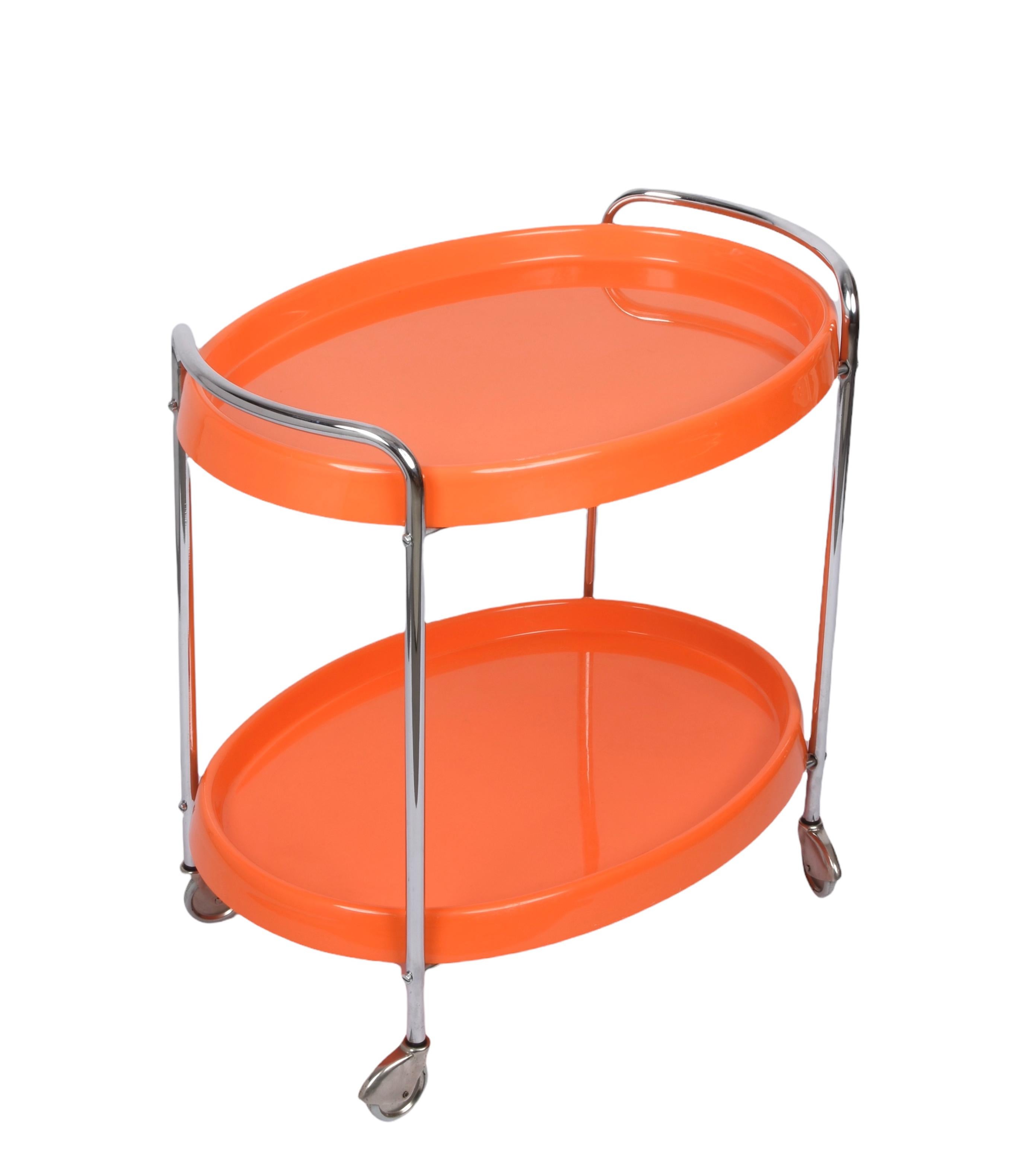 Mid-20th Century Midcentury Orange Plastic and Metal Chrome Oval Italian Bar Cart, 1950s