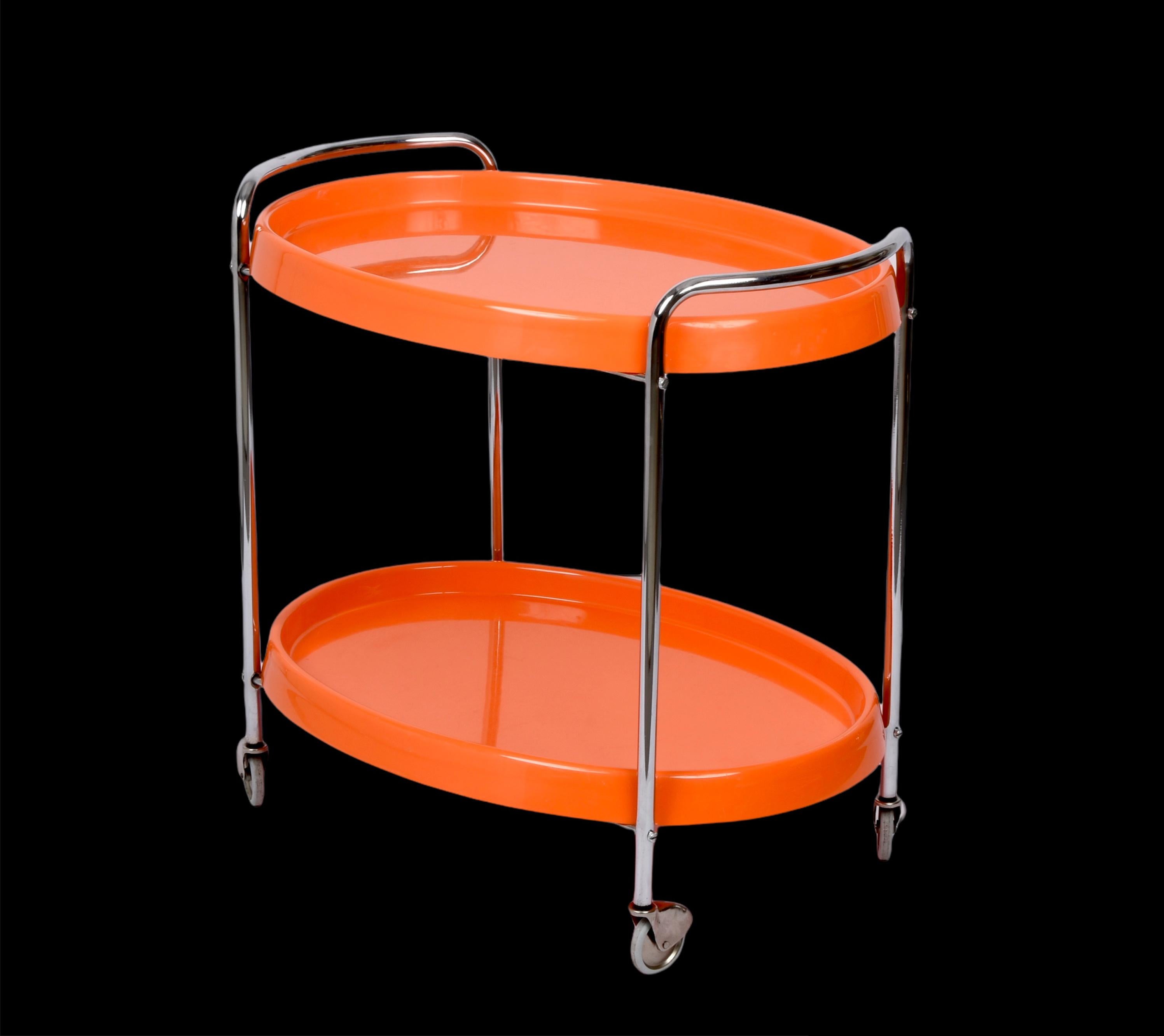 Midcentury Orange Plastic and Metal Chrome Oval Italian Bar Cart, 1950s 1