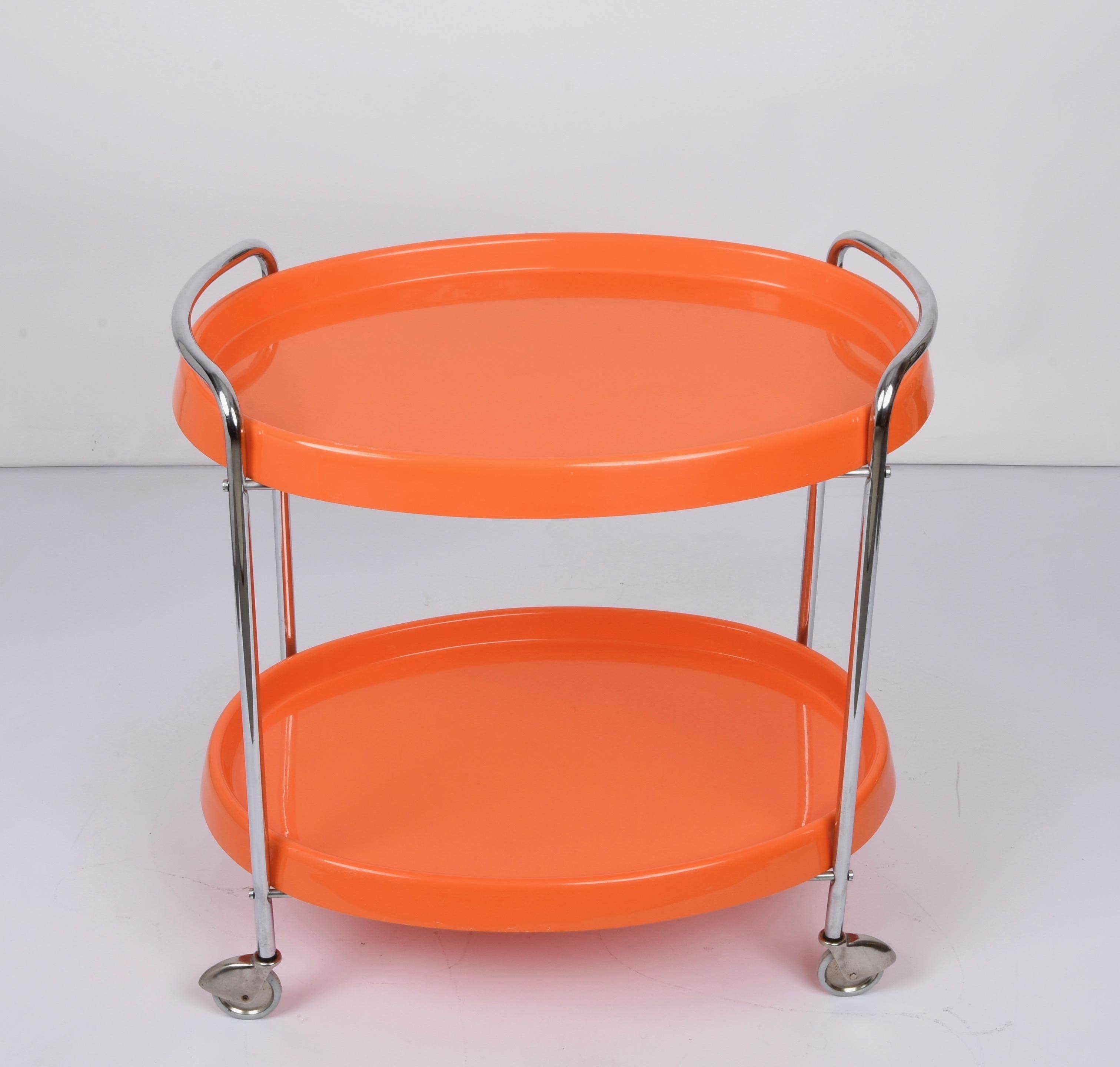 Midcentury Orange Plastic and Metal Chrome Oval Italian Bar Cart, 1950s 2
