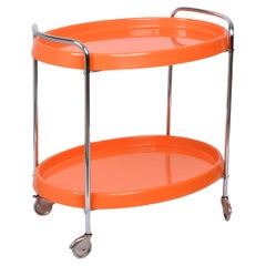 Midcentury Orange Plastic and Metal Chrome Oval Italian Bar Cart, 1950s