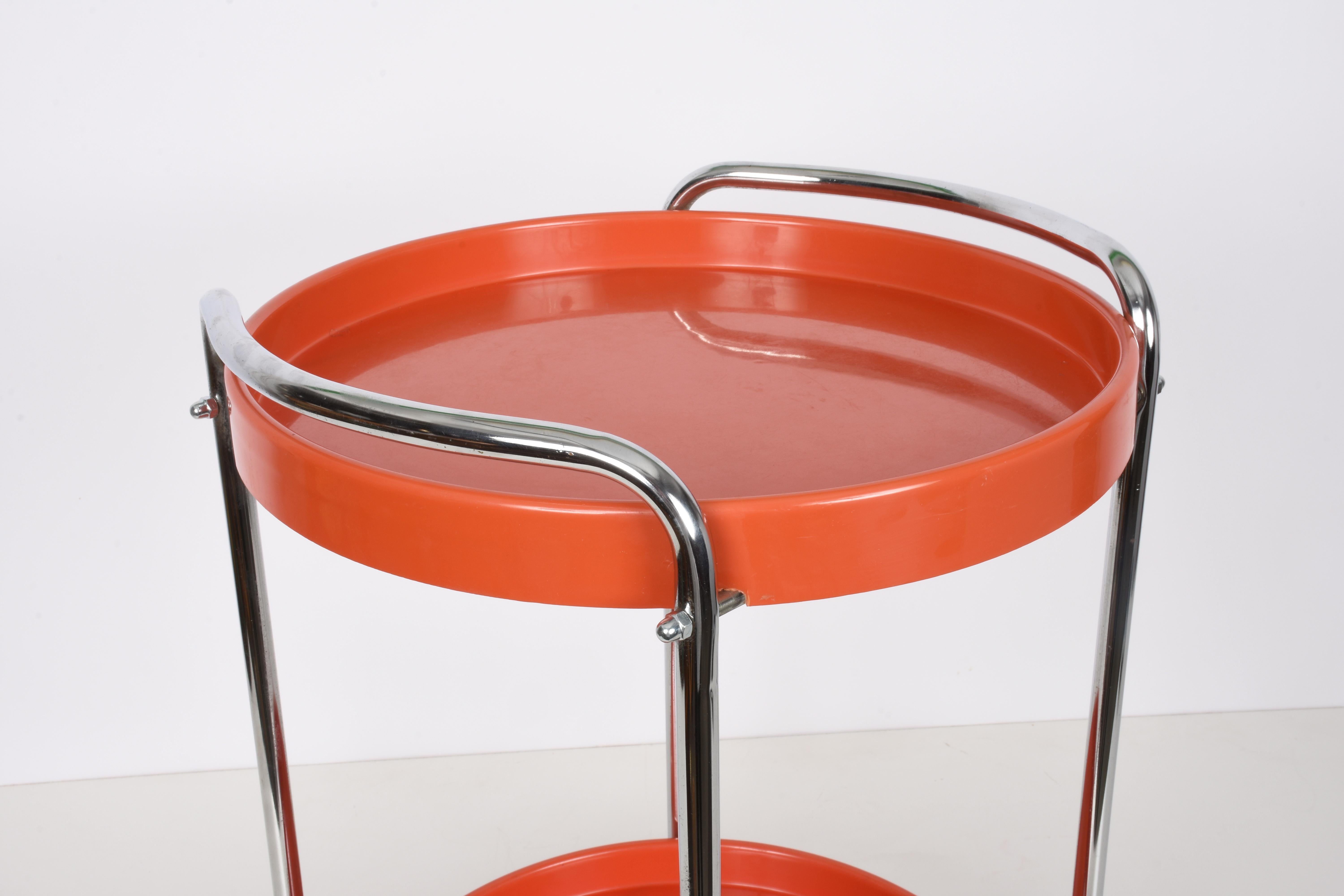 Midcentury Orange Plastic and Metal Chrome Round Italian Bar Cart, 1950s 3