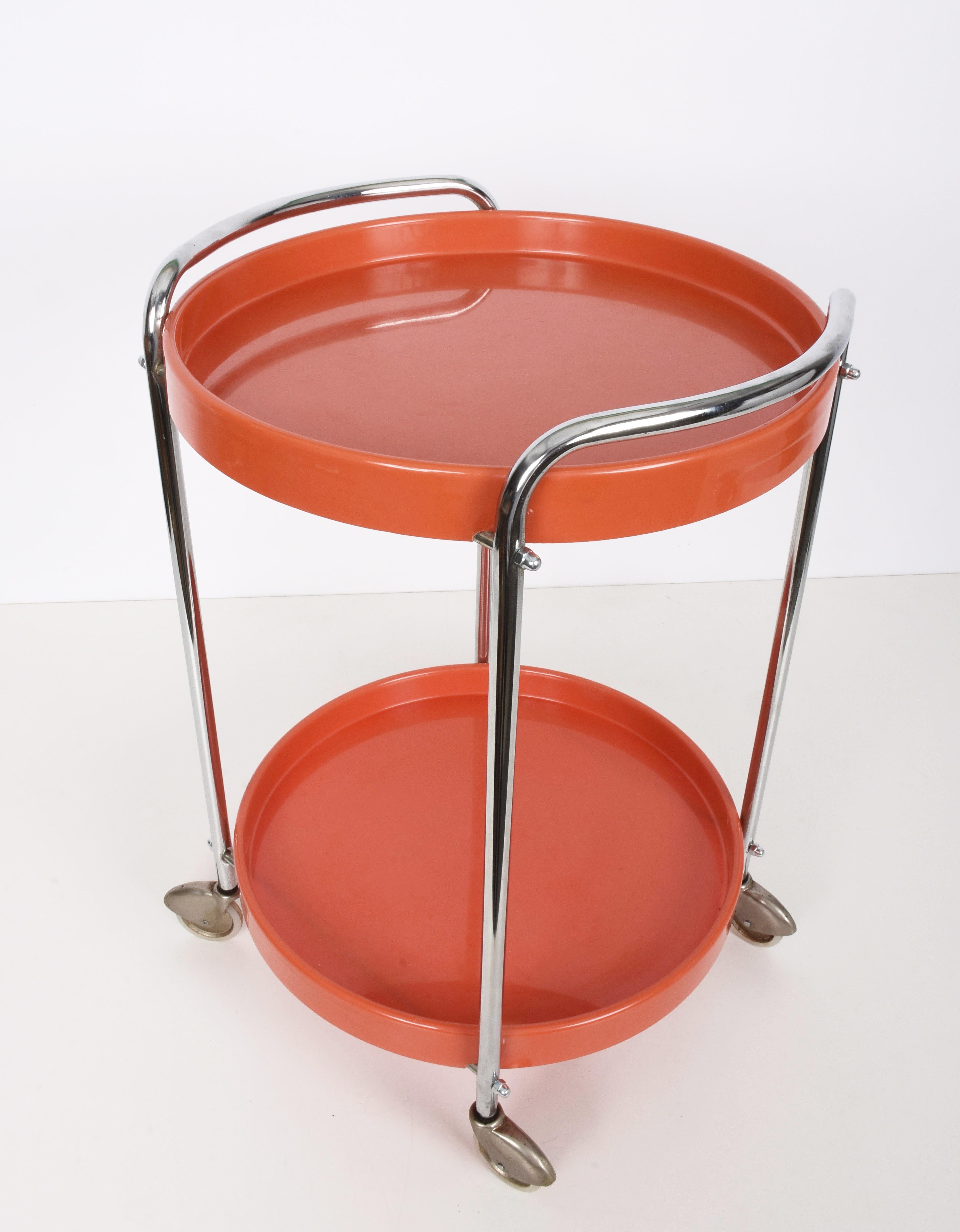 Midcentury Orange Plastic and Metal Chrome Round Italian Bar Cart, 1950s 5