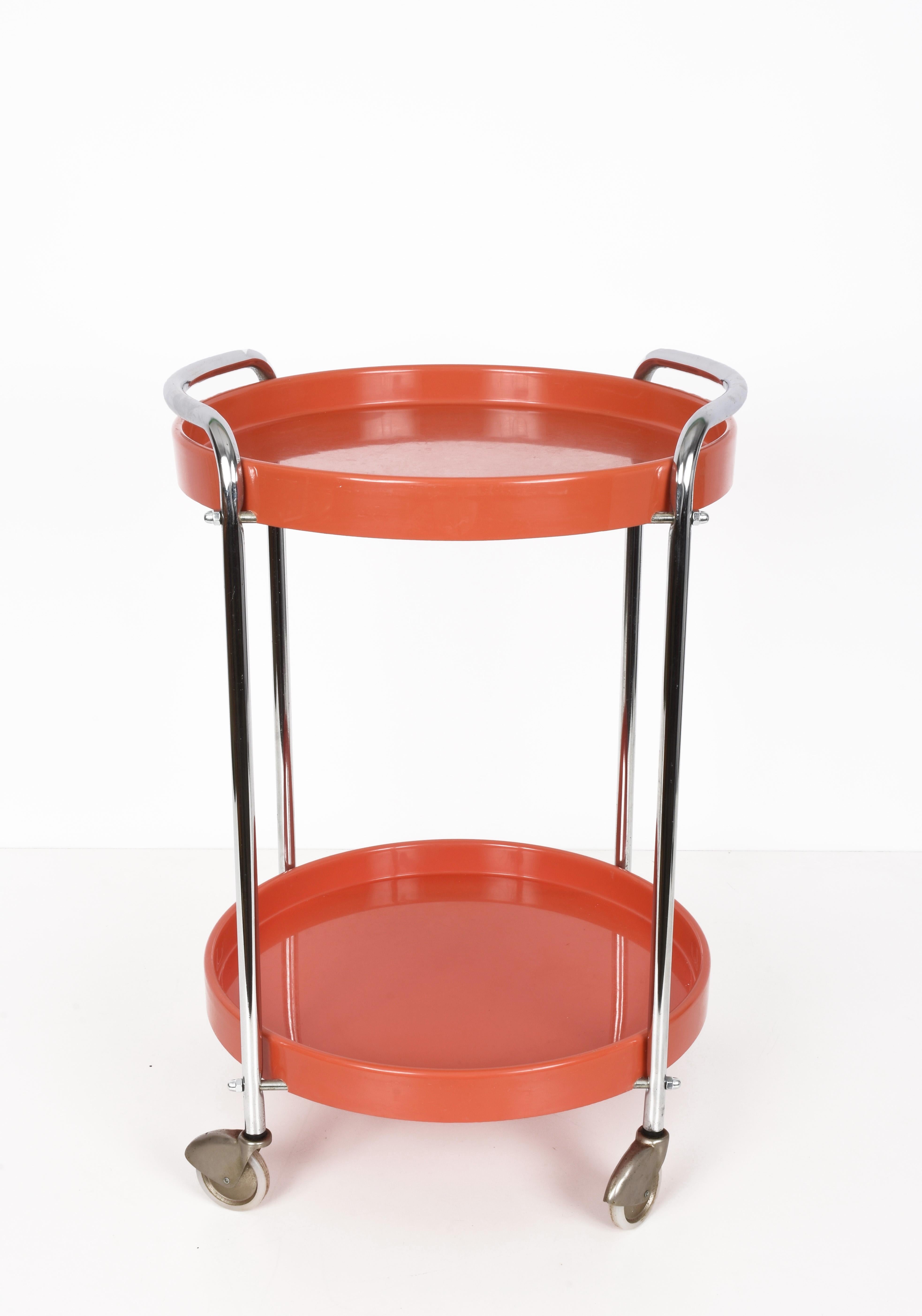 Midcentury Orange Plastic and Metal Chrome Round Italian Bar Cart, 1950s 6