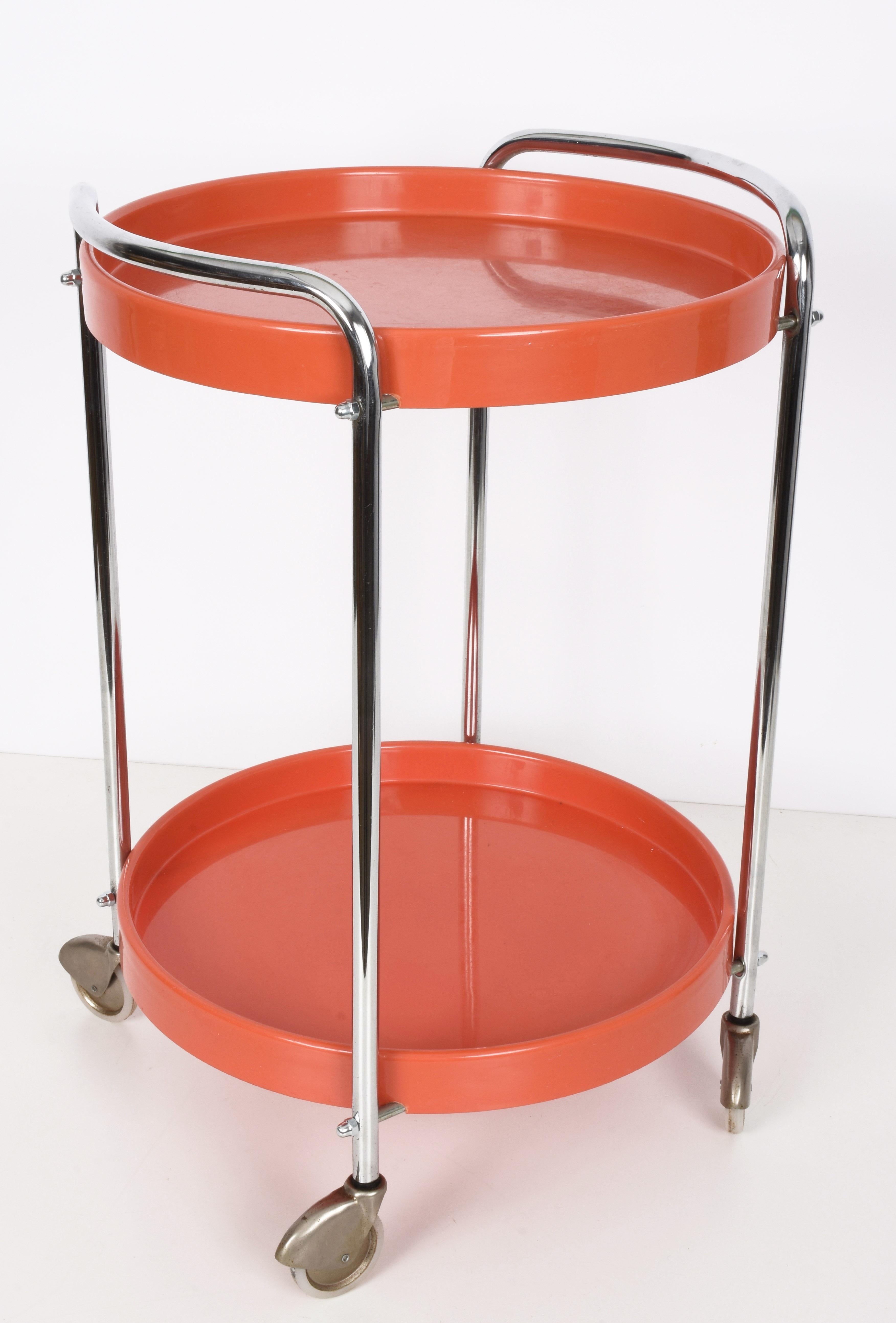 Midcentury Orange Plastic and Metal Chrome Round Italian Bar Cart, 1950s 7