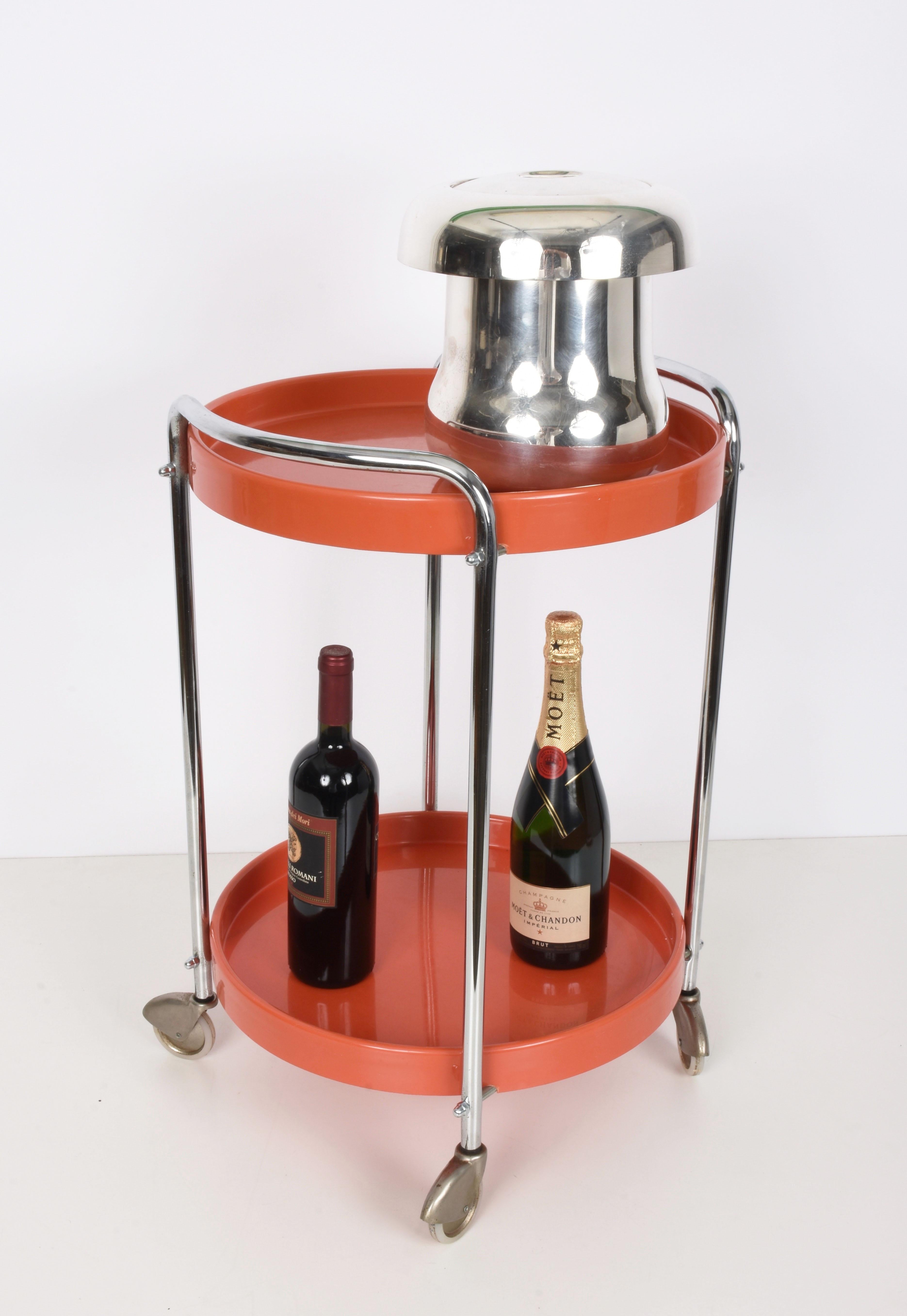 Midcentury Orange Plastic and Metal Chrome Round Italian Bar Cart, 1950s 8
