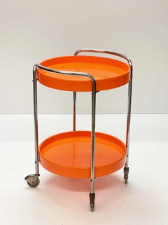 Midcentury Orange Plastic and Metal Chrome Round Italian Bar Cart, 1950s