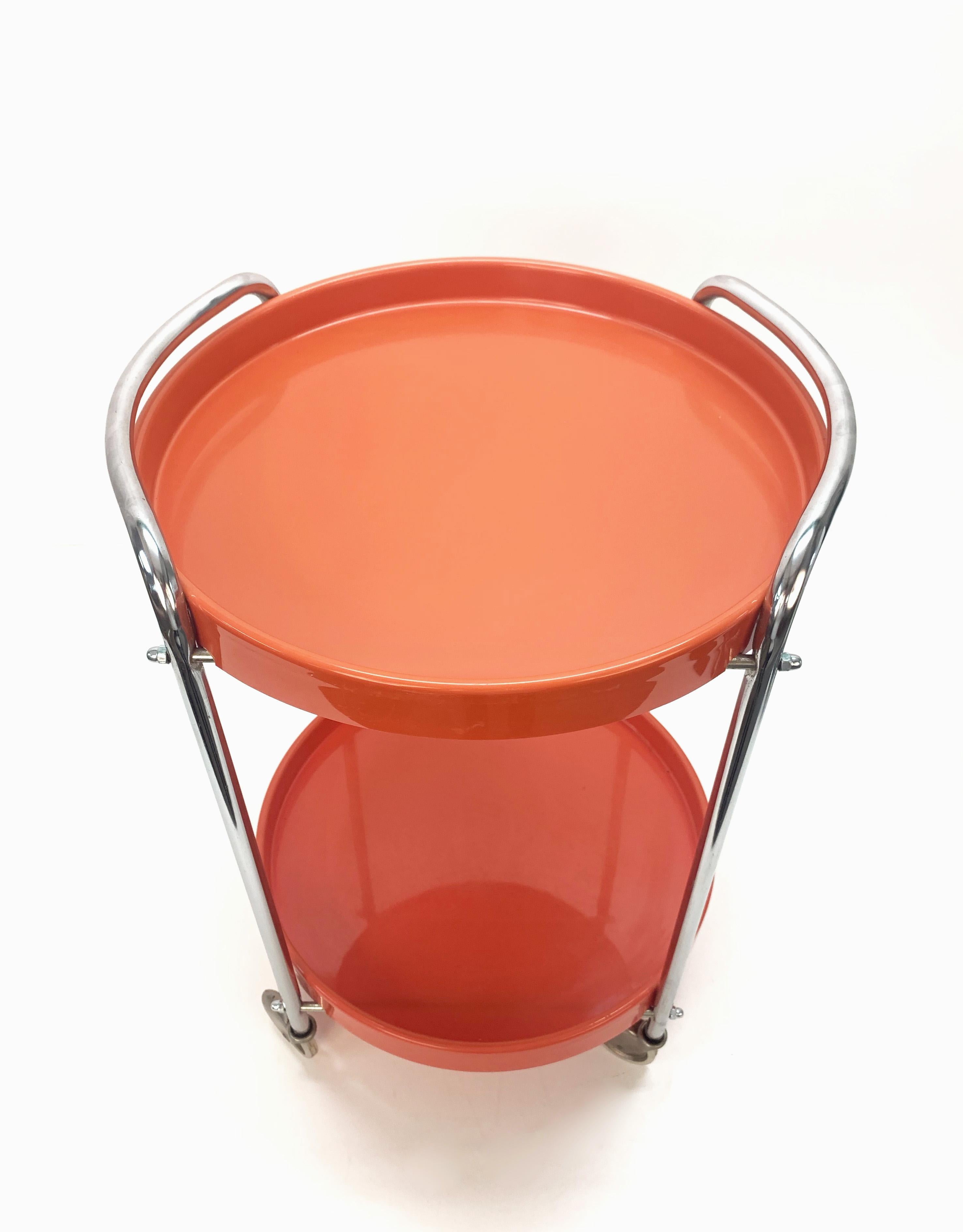 Mid-20th Century Midcentury Orange Plastic and Metal Chrome Round Italian Bar Cart, 1950s