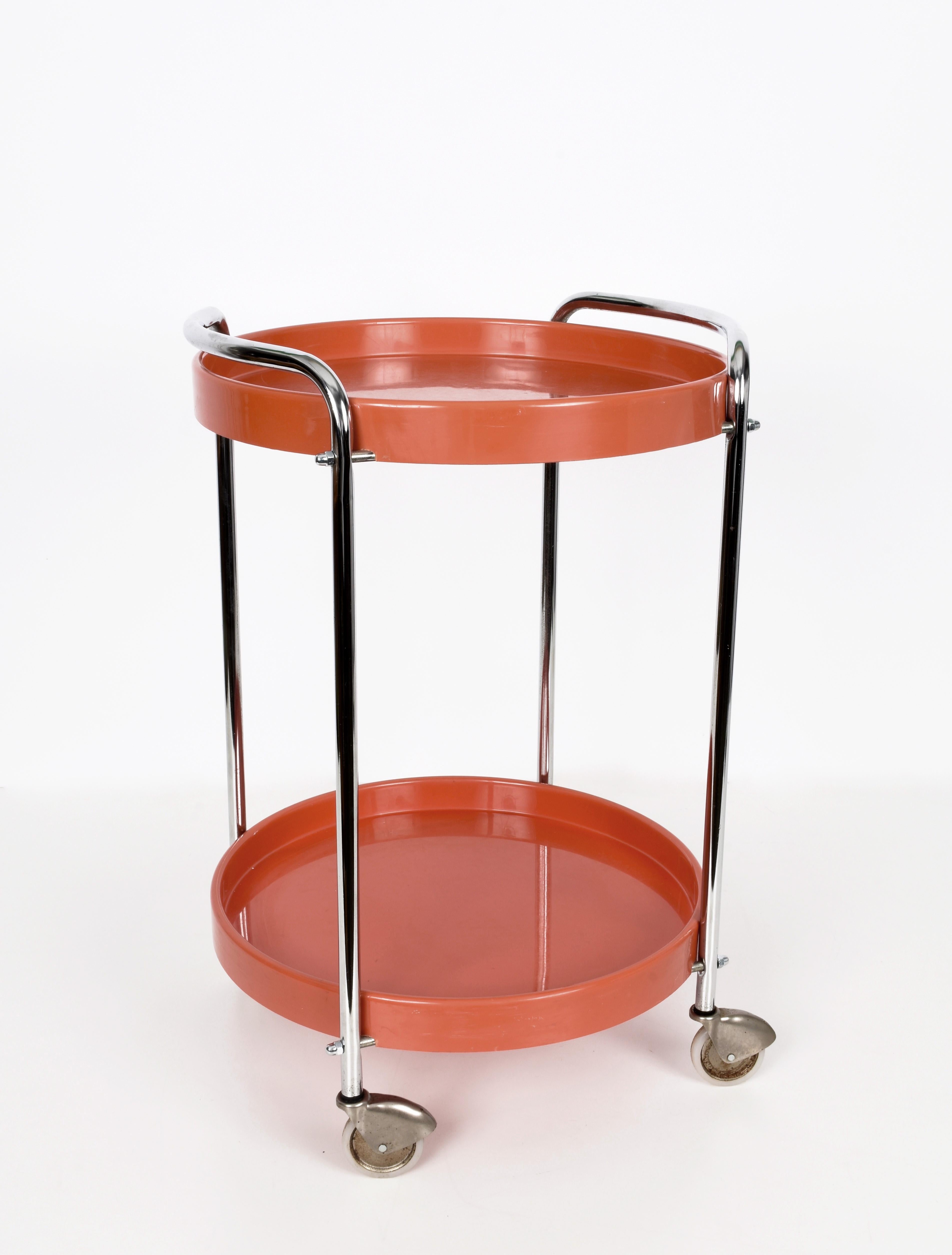 Midcentury Orange Plastic and Metal Chrome Round Italian Bar Cart, 1950s 1