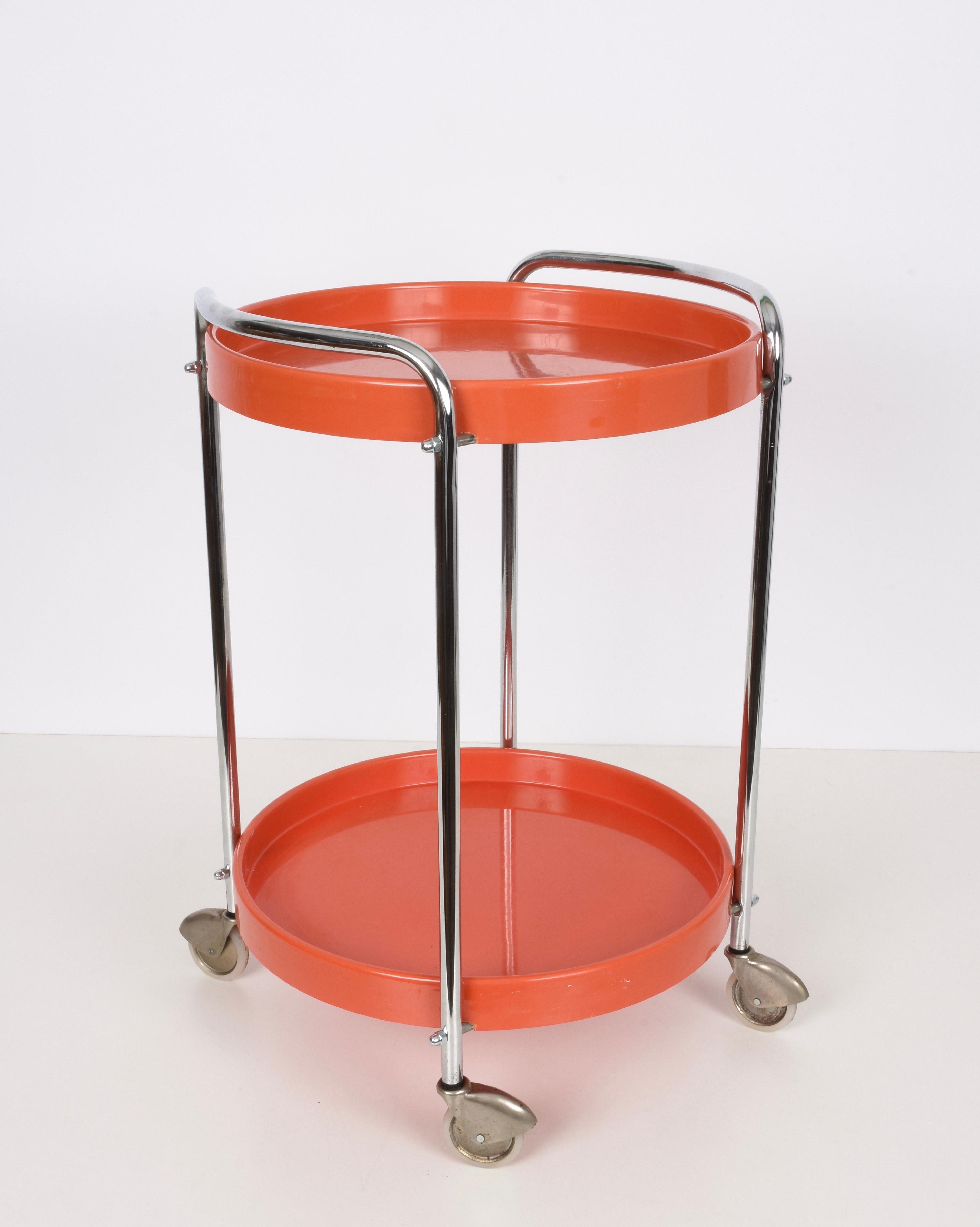 Midcentury Orange Plastic and Metal Chrome Round Italian Bar Cart, 1950s 2