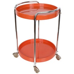 Midcentury Orange Plastic and Metal Chrome Round Italian Bar Cart, 1950s