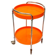 Midcentury Orange Plastic and Metal Chrome Round Italian Bar Cart, 1950s