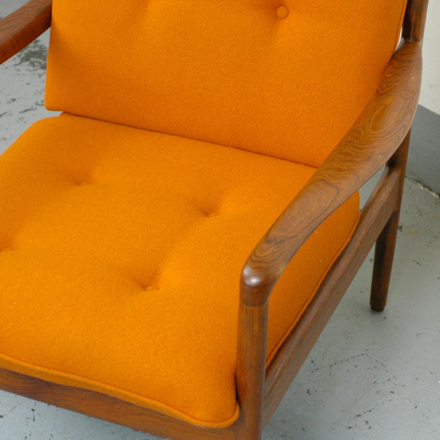 Wool Midcentury Orange Teak Easy Chair by Knoll Antimott, Germany