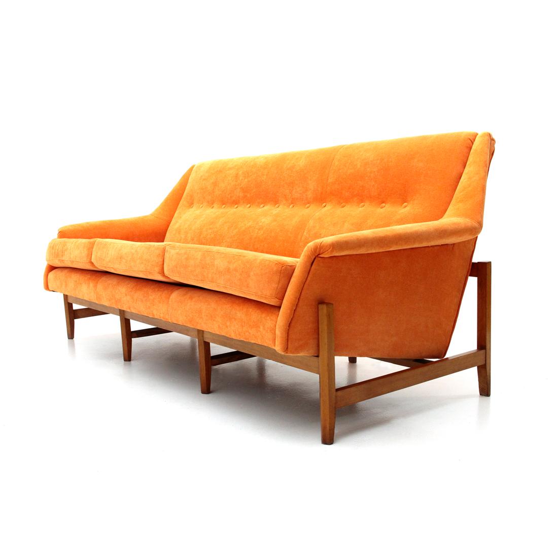 Mid-Century Modern Midcentury Orange Velvet 3-Seat Italian Sofa