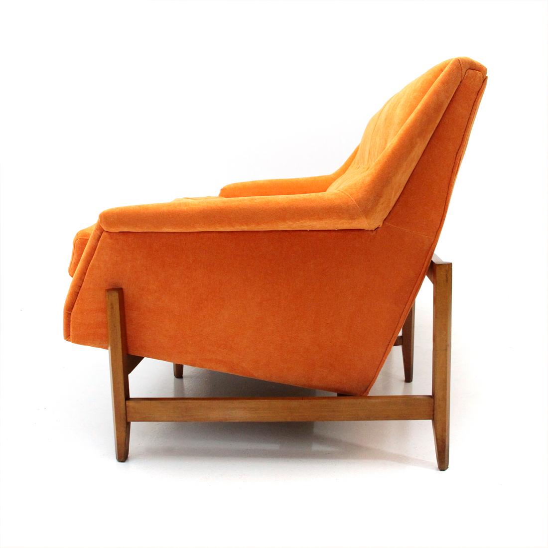 Midcentury Orange Velvet 3-Seat Italian Sofa In Good Condition In Savona, IT