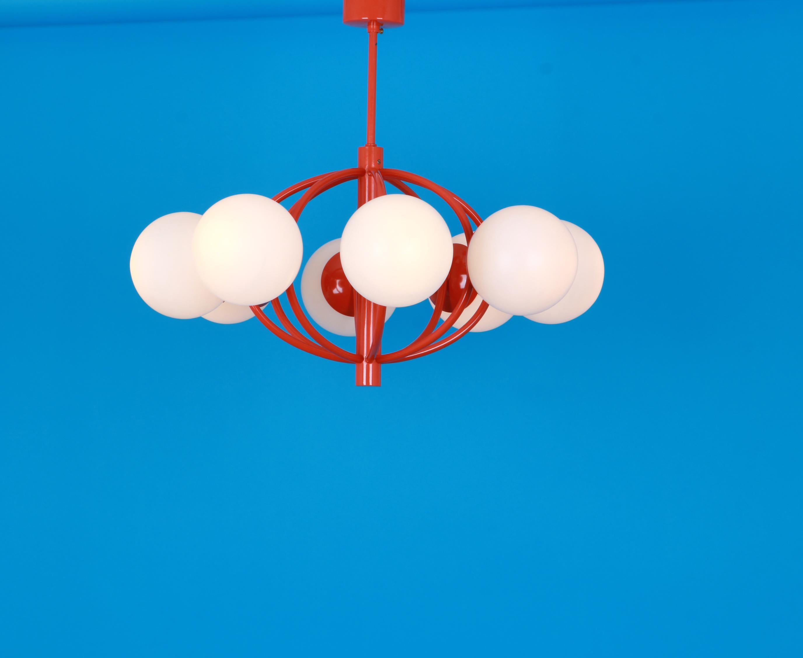 Late 20th Century Midcentury Orbital Ceiling Lamp Pendant in Orange by Kaiser, Germany, 1960s For Sale