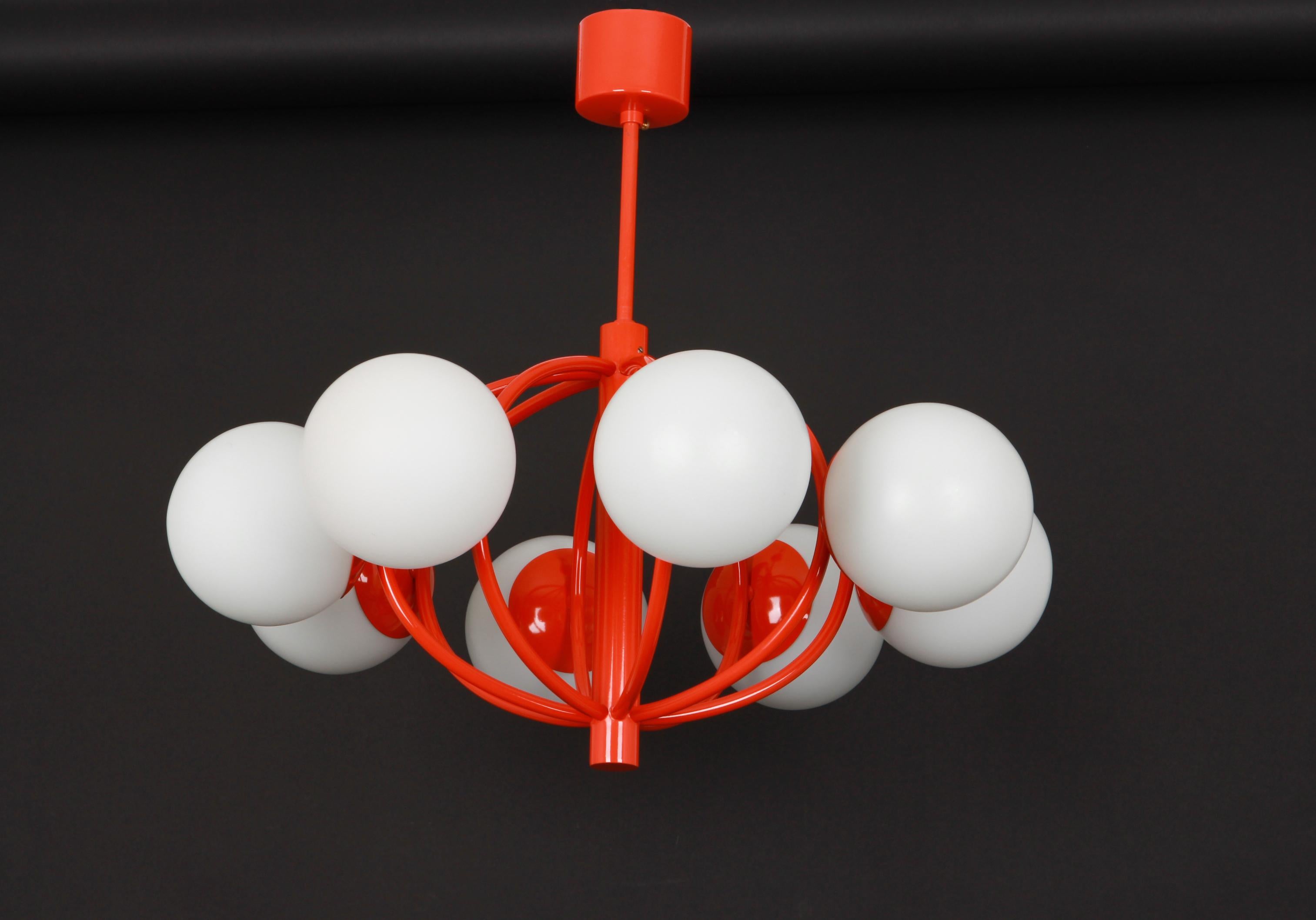 Midcentury Orbital Ceiling Lamp Pendant in Orange by Kaiser, Germany, 1960s For Sale 2