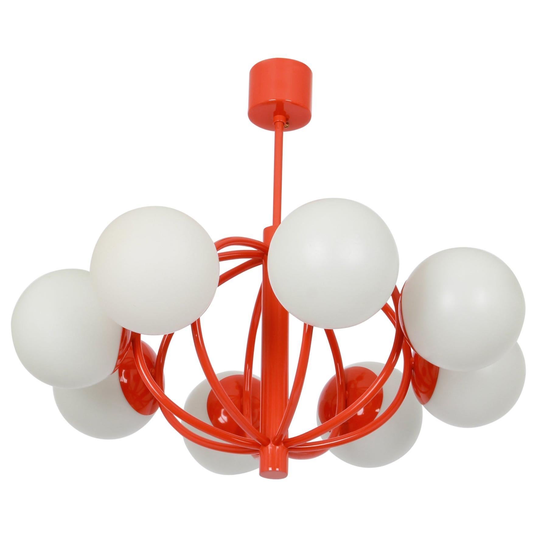 Midcentury Orbital Ceiling Lamp Pendant in Orange by Kaiser, Germany, 1960s For Sale