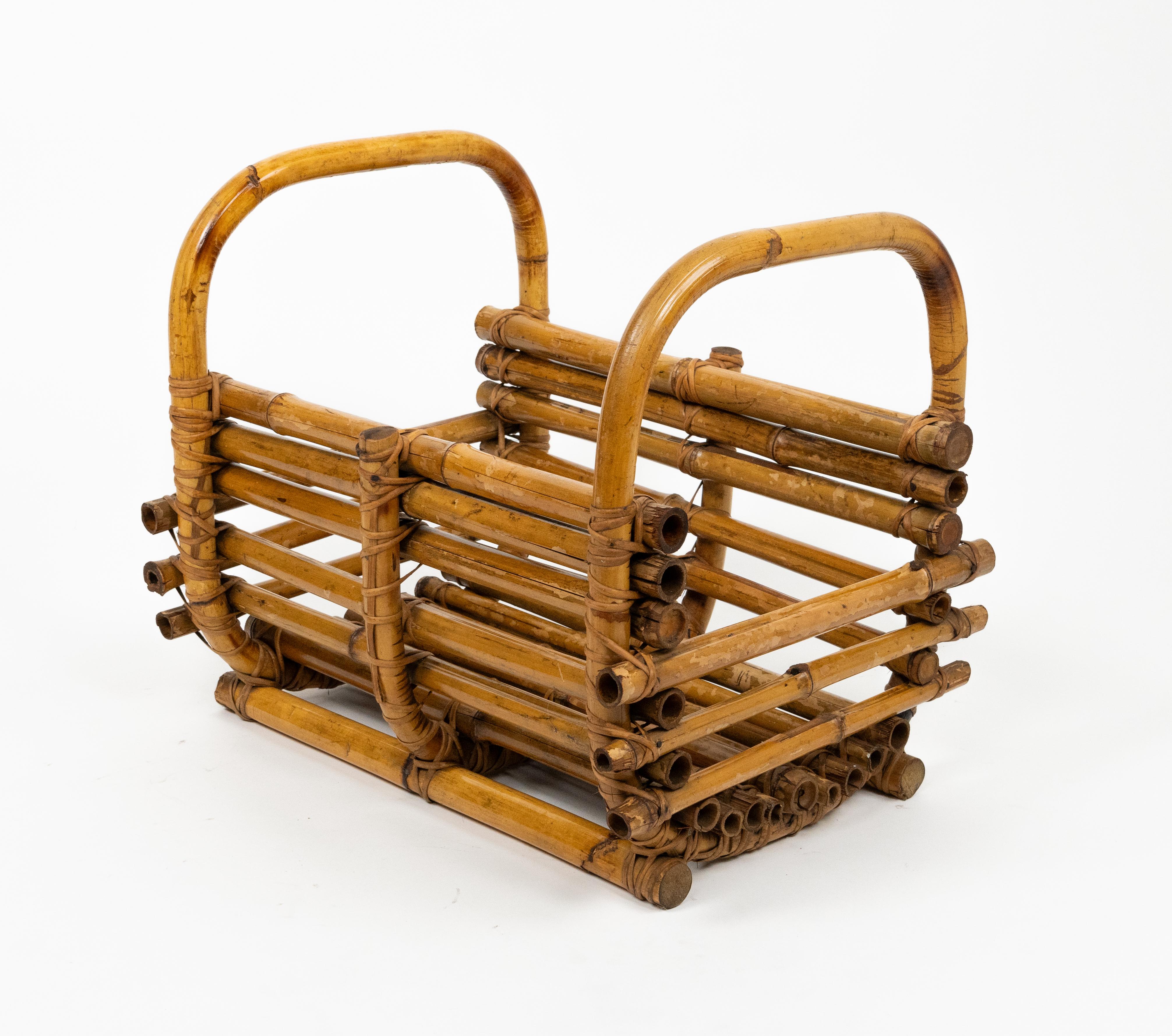 Midcentury Organic Basket or Magazine Rack in Cane Bamboo & Rattan, Italy 1960s For Sale 3