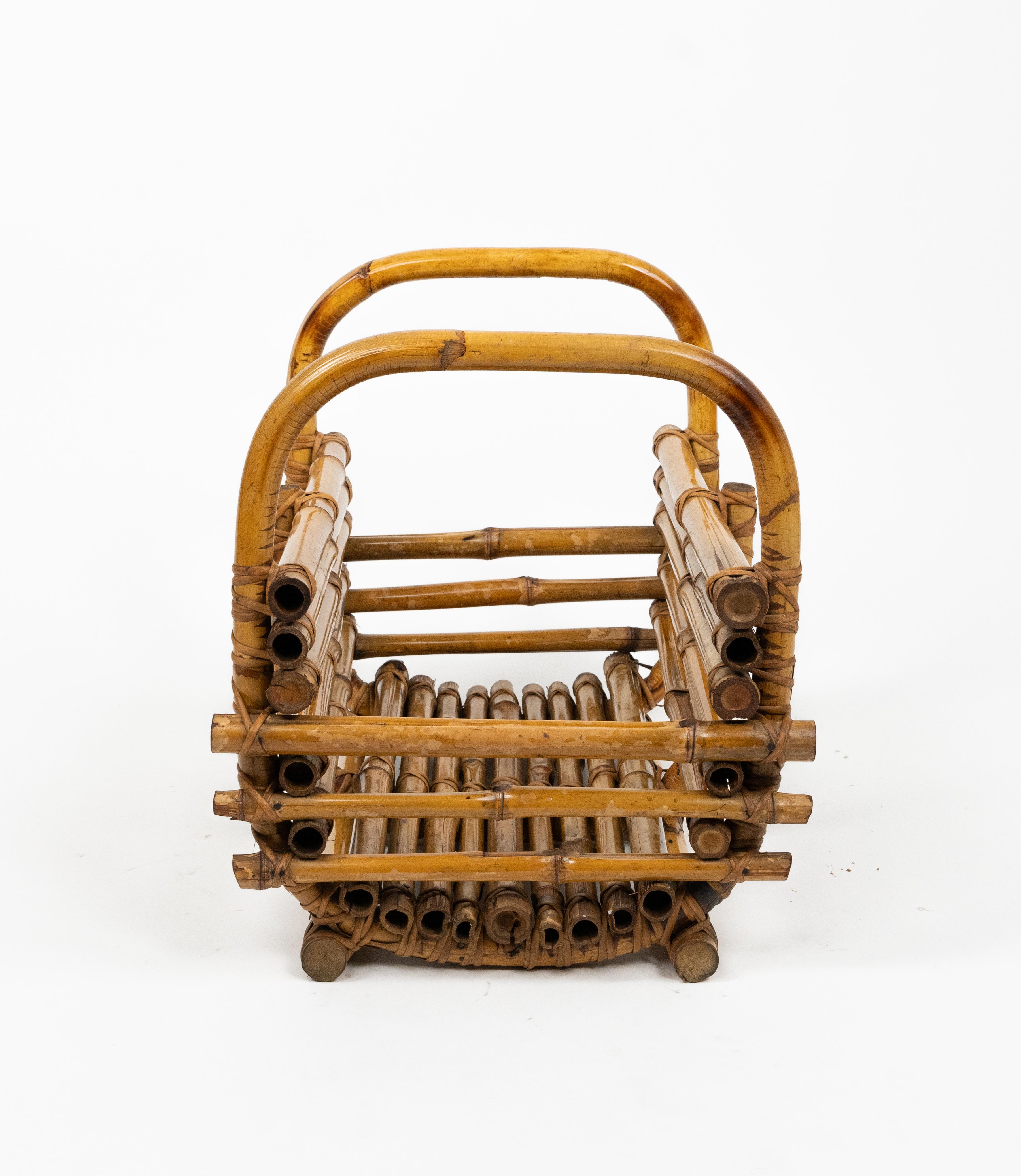Midcentury Organic Basket or Magazine Rack in Cane Bamboo & Rattan, Italy 1960s For Sale 4