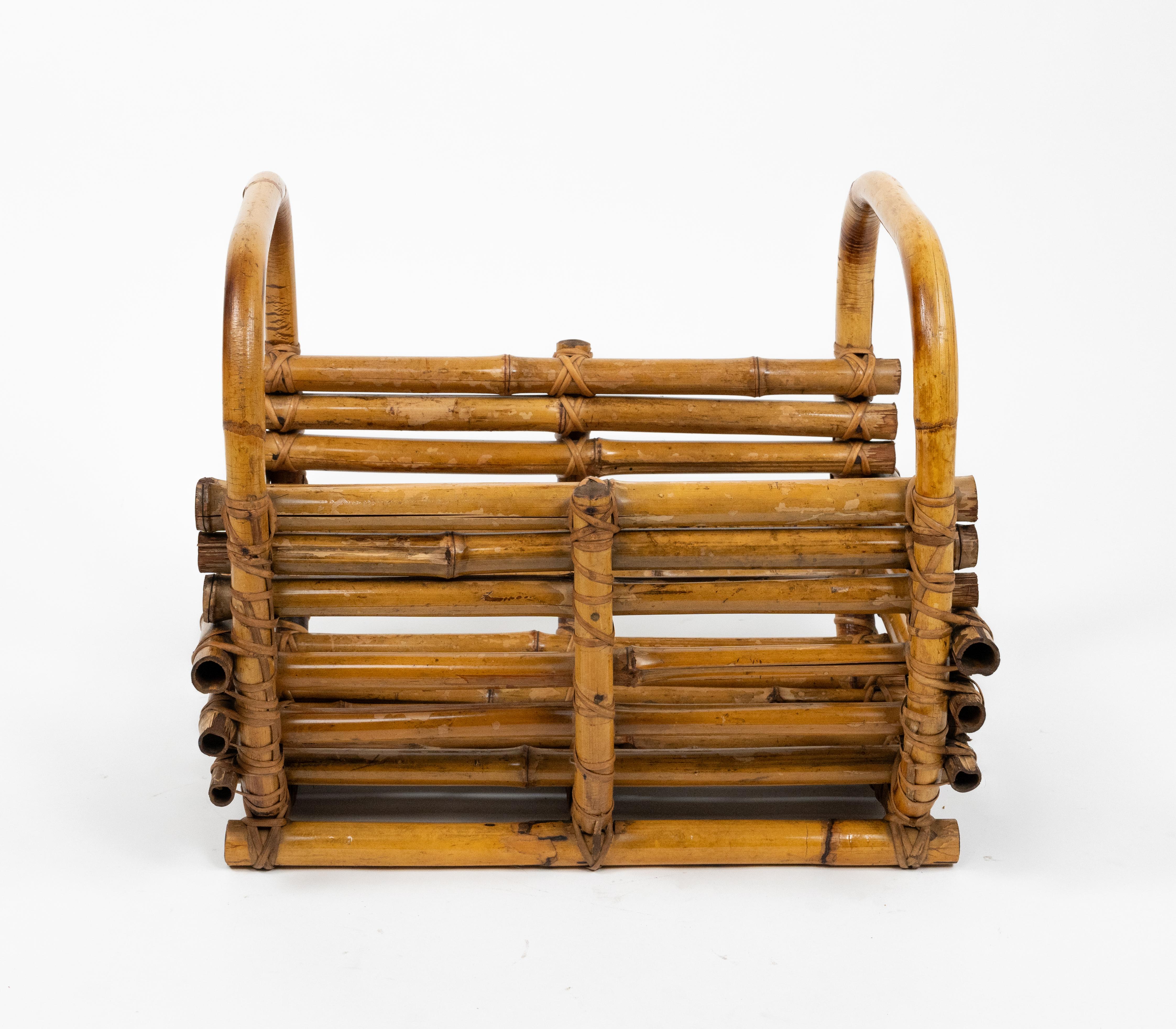 Midcentury Organic Basket or Magazine Rack in Cane Bamboo & Rattan, Italy 1960s For Sale 5