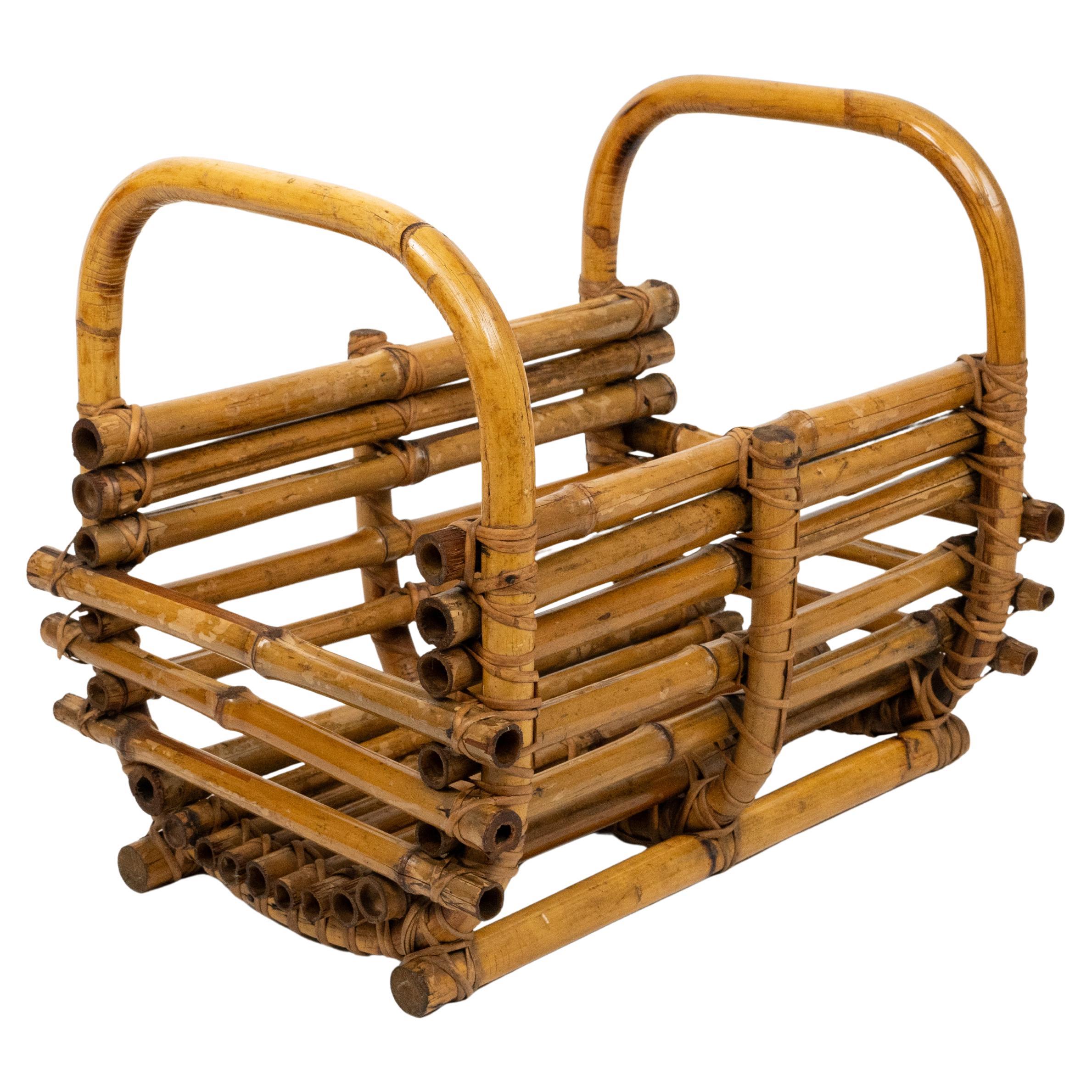 Midcentury Organic Basket or Magazine Rack in Cane Bamboo & Rattan, Italy 1960s For Sale 7