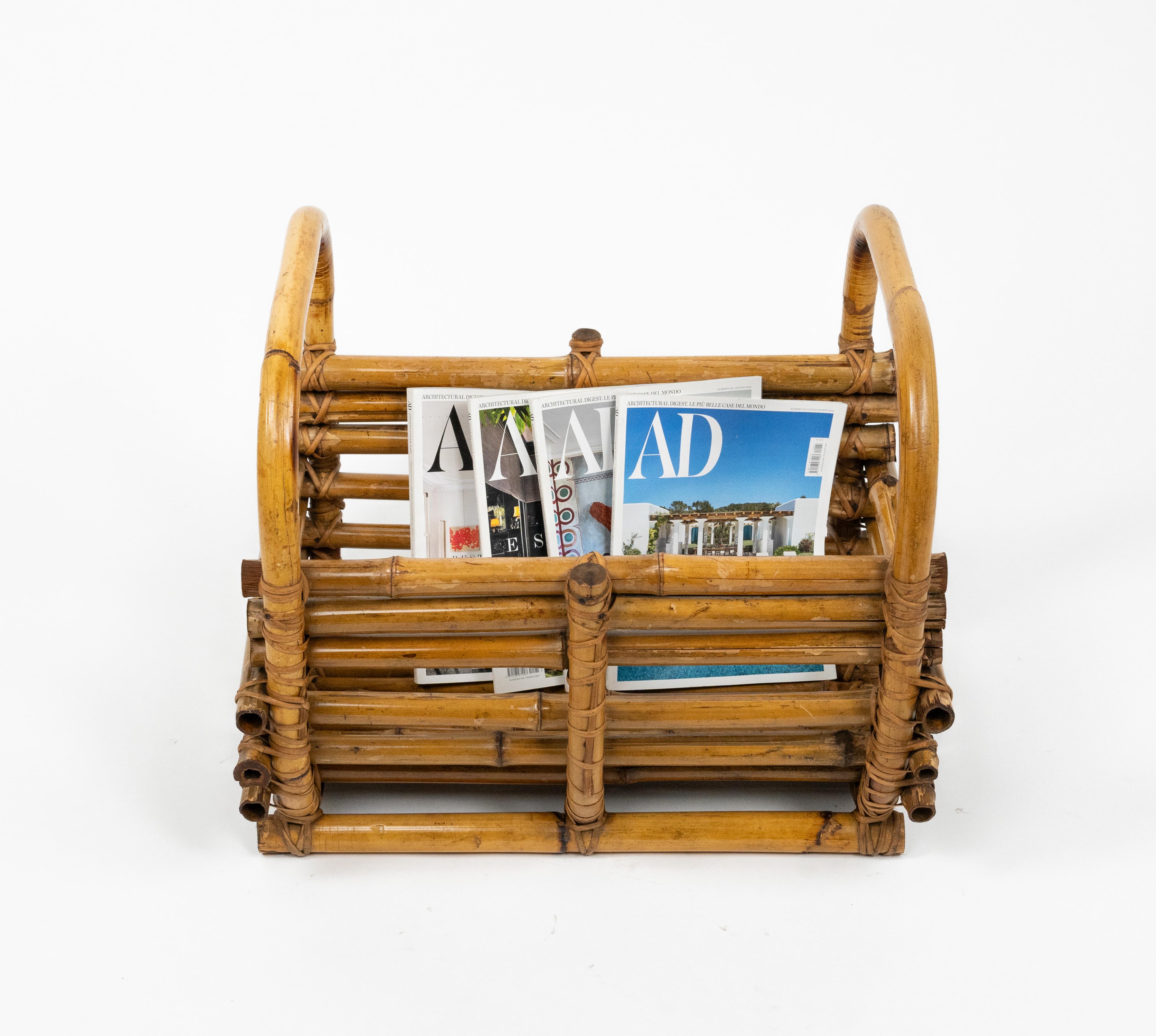 Midcentury Organic Basket or Magazine Rack in Cane Bamboo & Rattan, Italy 1960s In Good Condition For Sale In Rome, IT