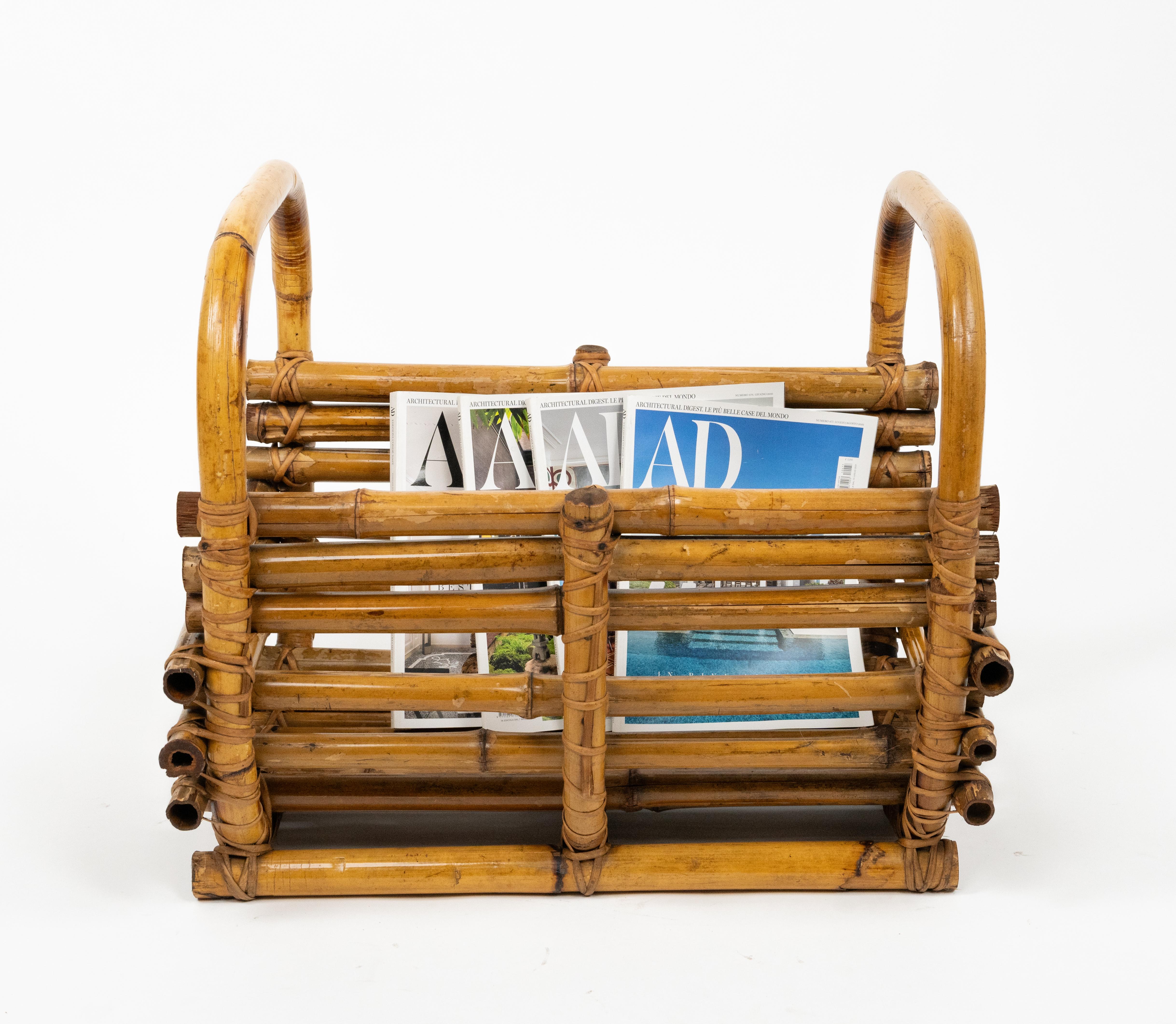 Mid-20th Century Midcentury Organic Basket or Magazine Rack in Cane Bamboo & Rattan, Italy 1960s For Sale