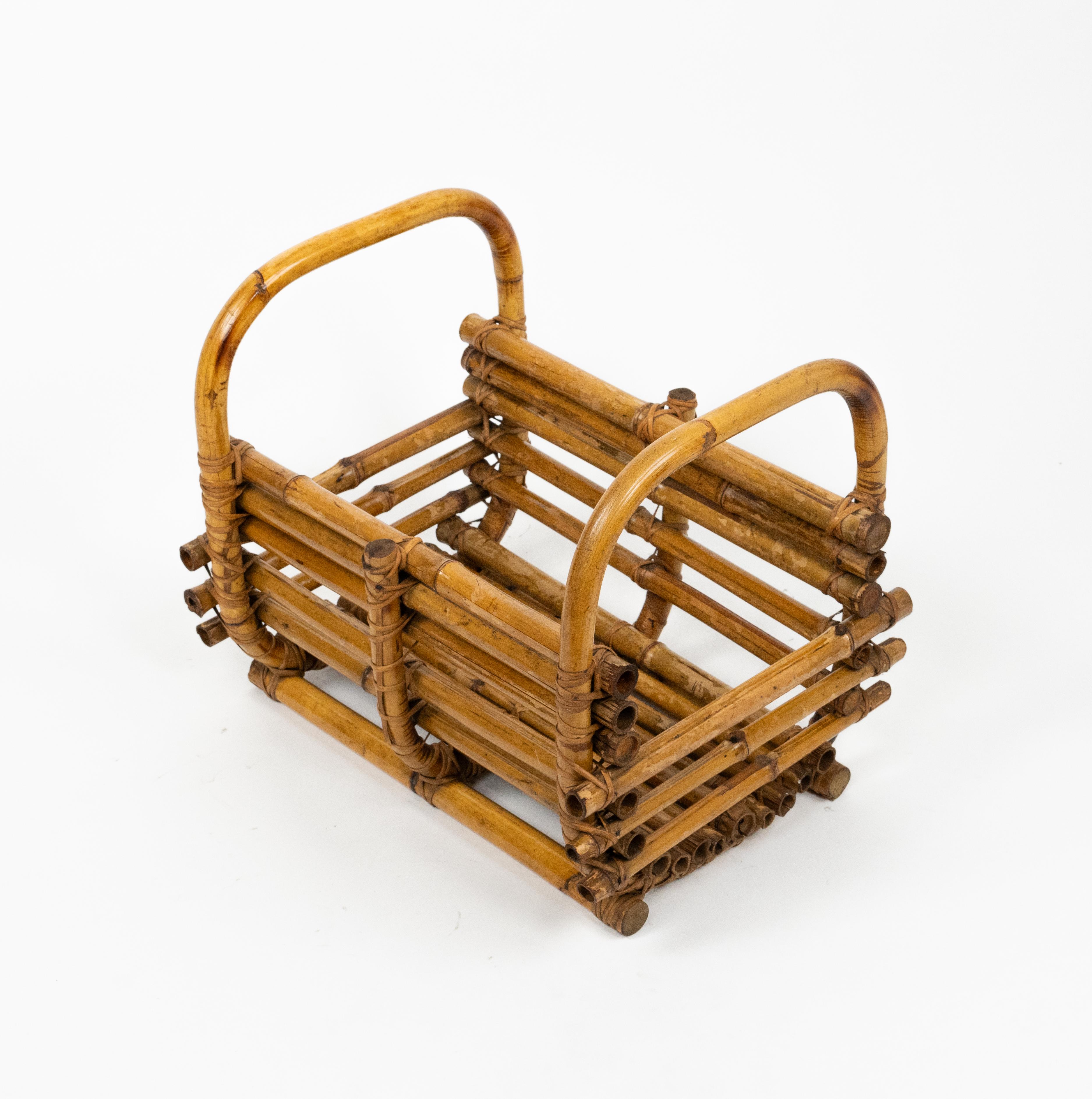 Midcentury Organic Basket or Magazine Rack in Cane Bamboo & Rattan, Italy 1960s For Sale 1