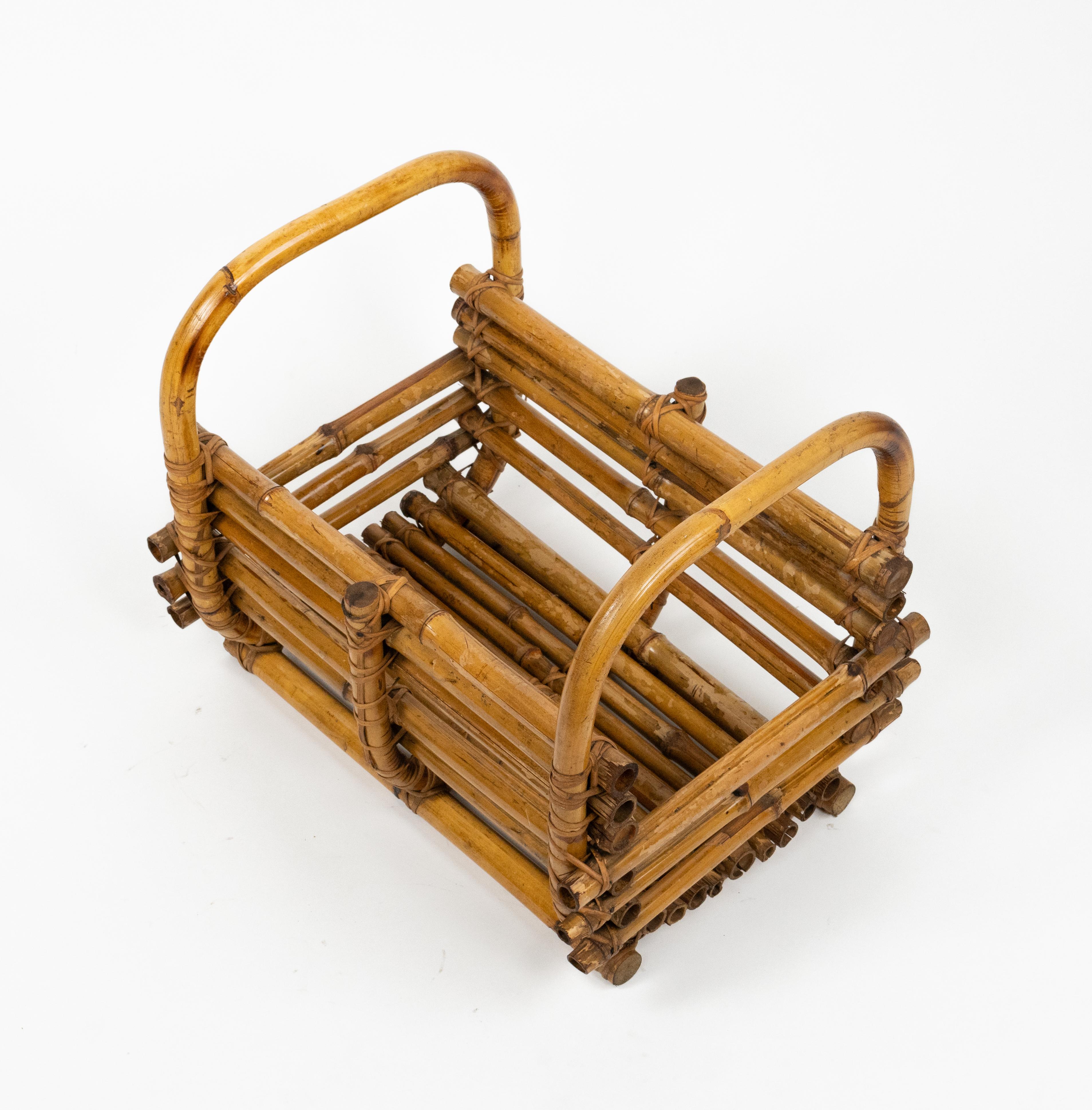 Midcentury Organic Basket or Magazine Rack in Cane Bamboo & Rattan, Italy 1960s For Sale 2