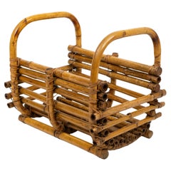 Cestino organico o portariviste in canna, bambù e rattan, Italia, 1960