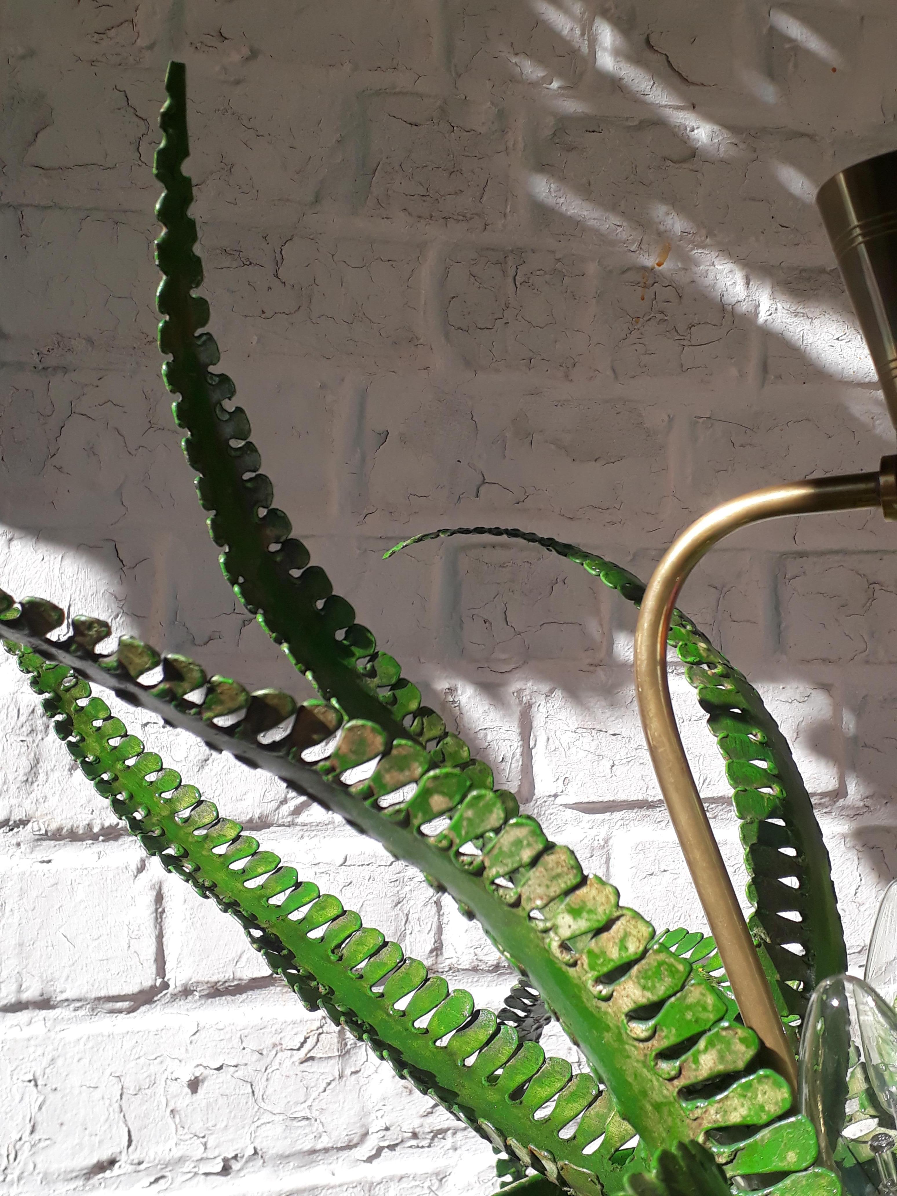 20th Century Midcentury Organic Brass and Metal Fern Imitation Chandelier For Sale