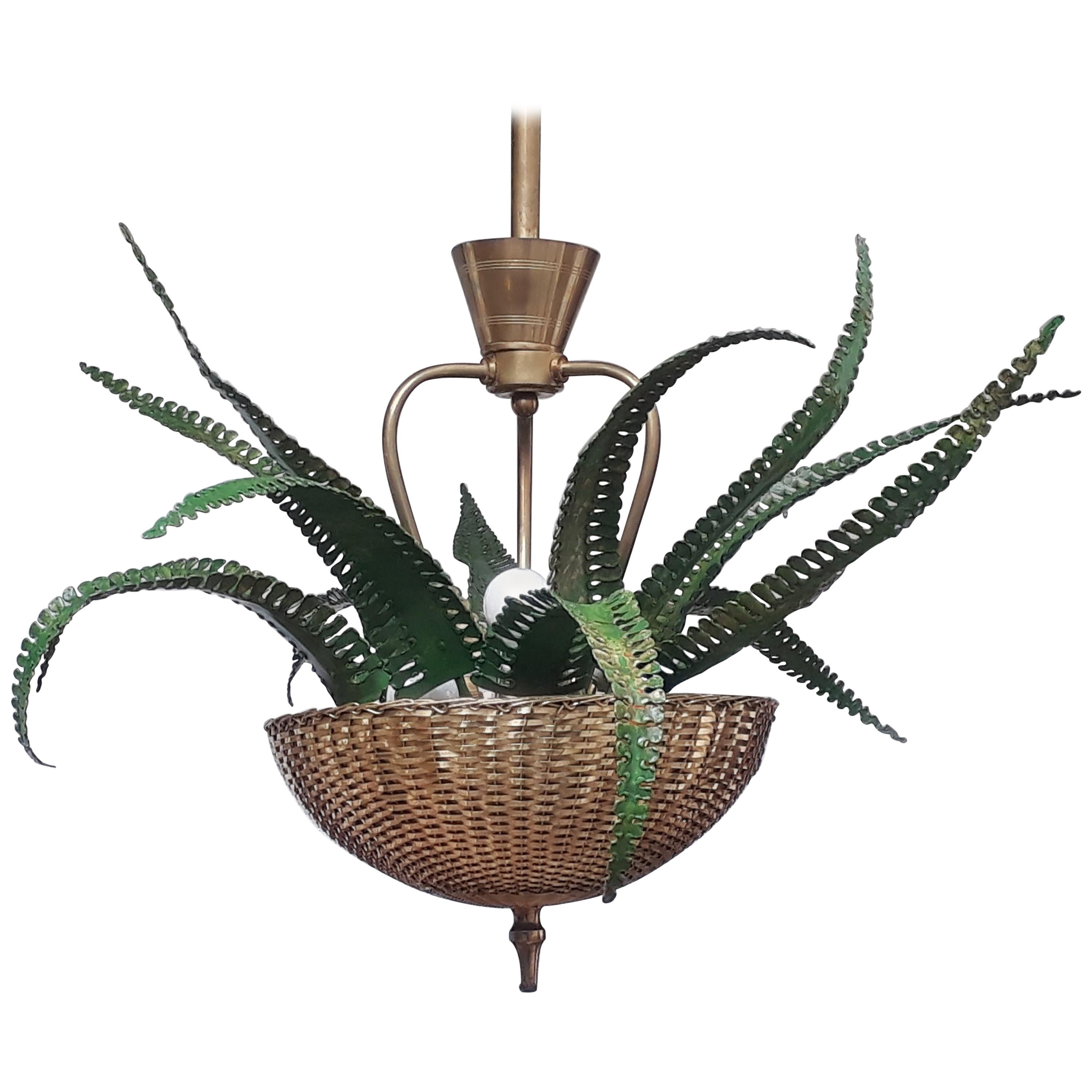 Midcentury Organic Brass and Metal Fern Imitation Chandelier For Sale