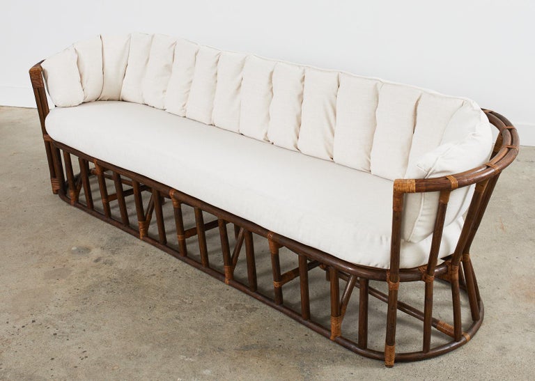 Hand-Crafted Midcentury Organic Modern Bent Rattan Sofa Demilune Ends For Sale