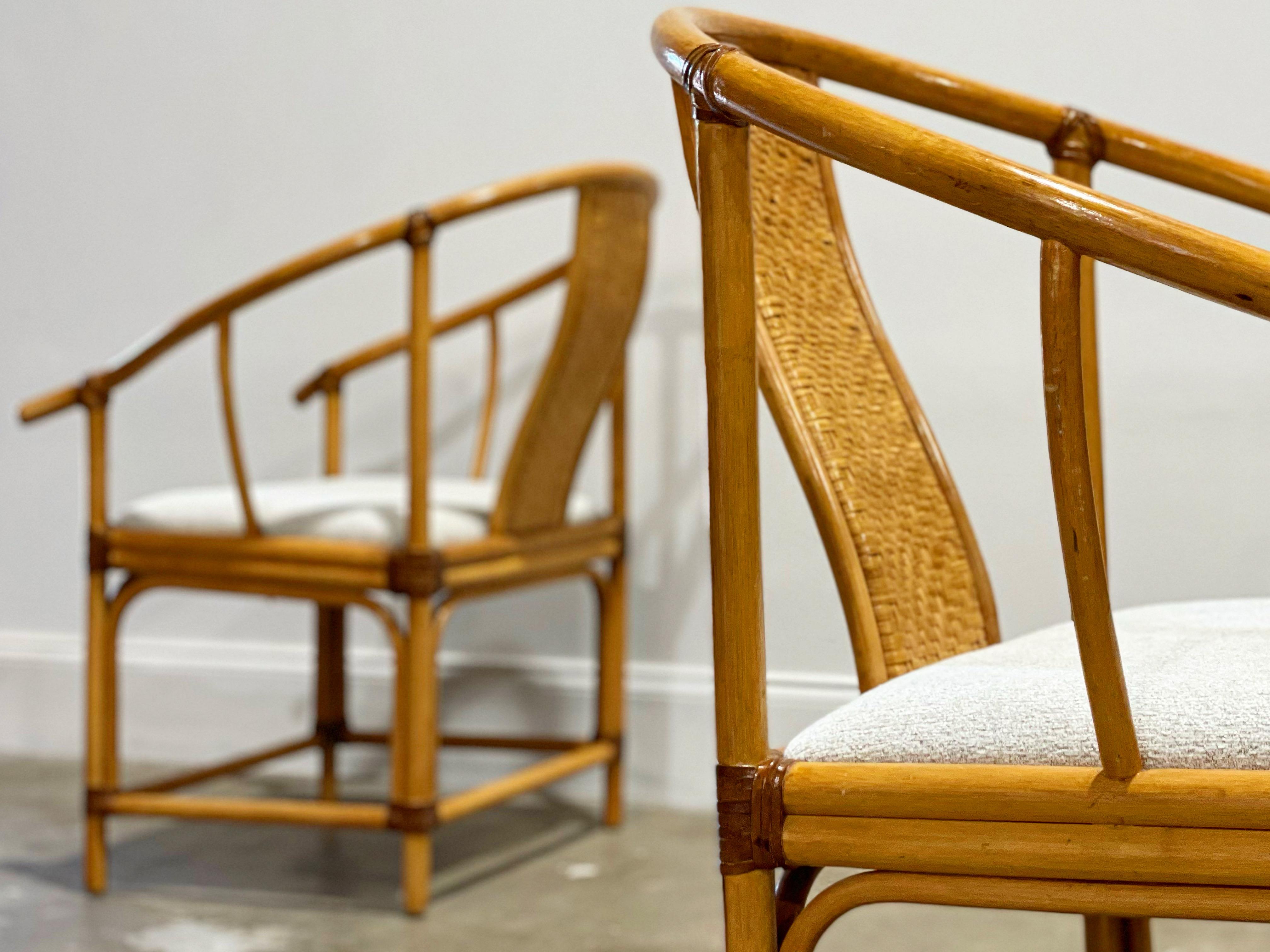 Vintage California organic modern wishbone horseshoe style occasional chairs in rattan, rawhide leather and a chenille boucle. These chairs were produced by American of Martinsville in the late 1970's and retain their original maker tag. Original