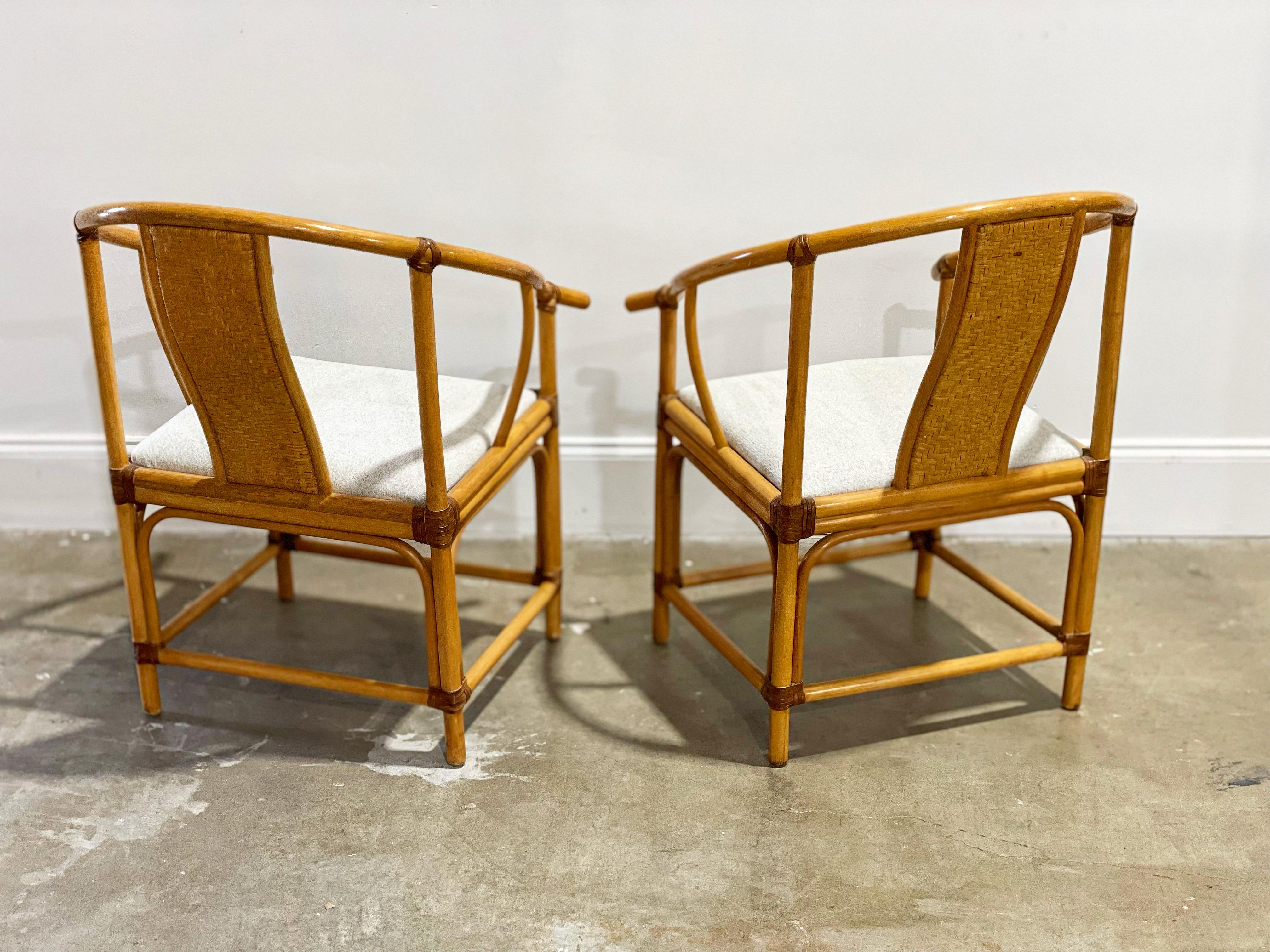 Midcentury Organic Modern Rattan + Rawhide Wishbone Chairs, After McGuire In Good Condition In Decatur, GA