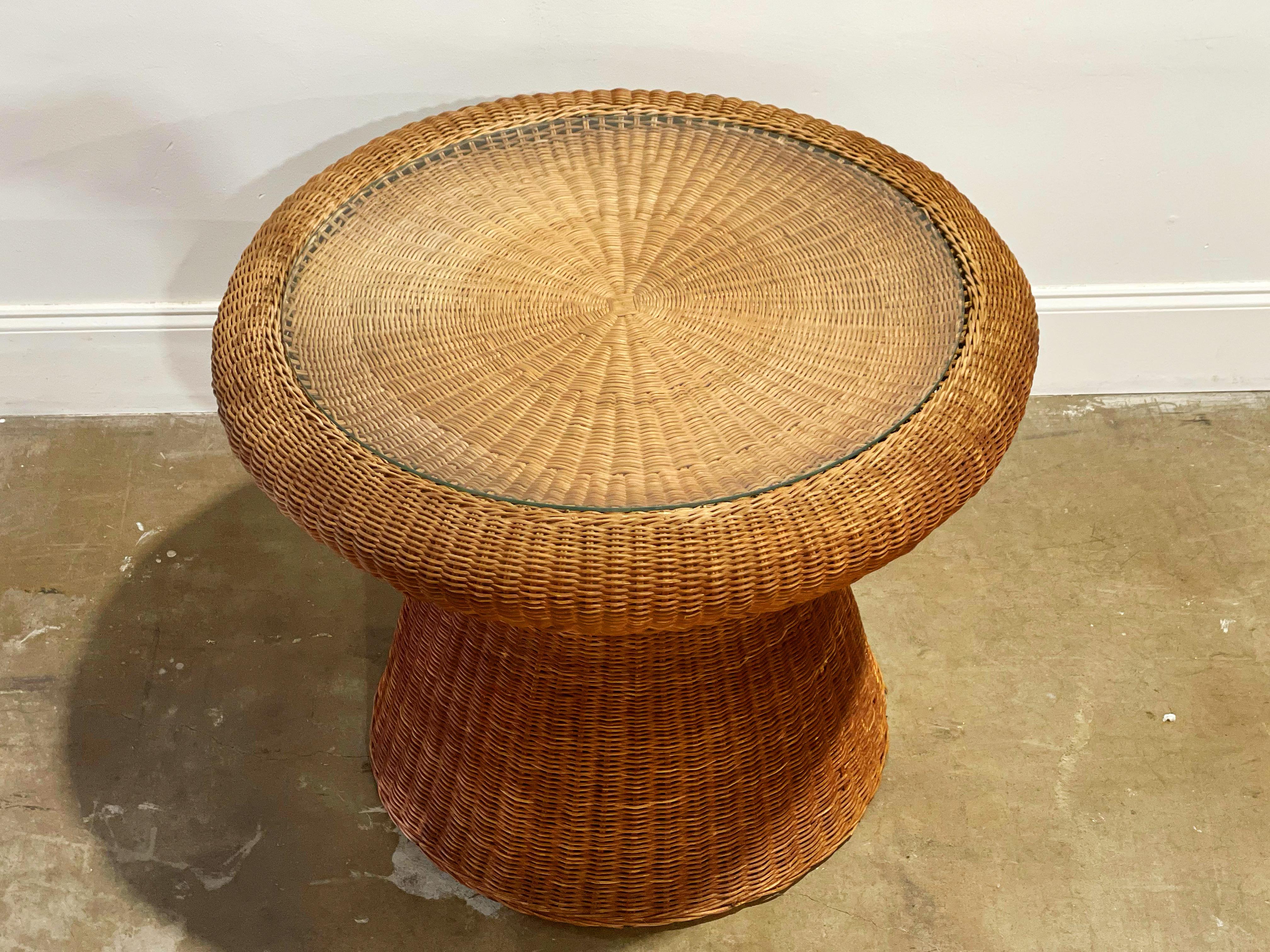 Cane Midcentury Organic Modern Rattan Tulip Table, Vintage Bohemian Round Table