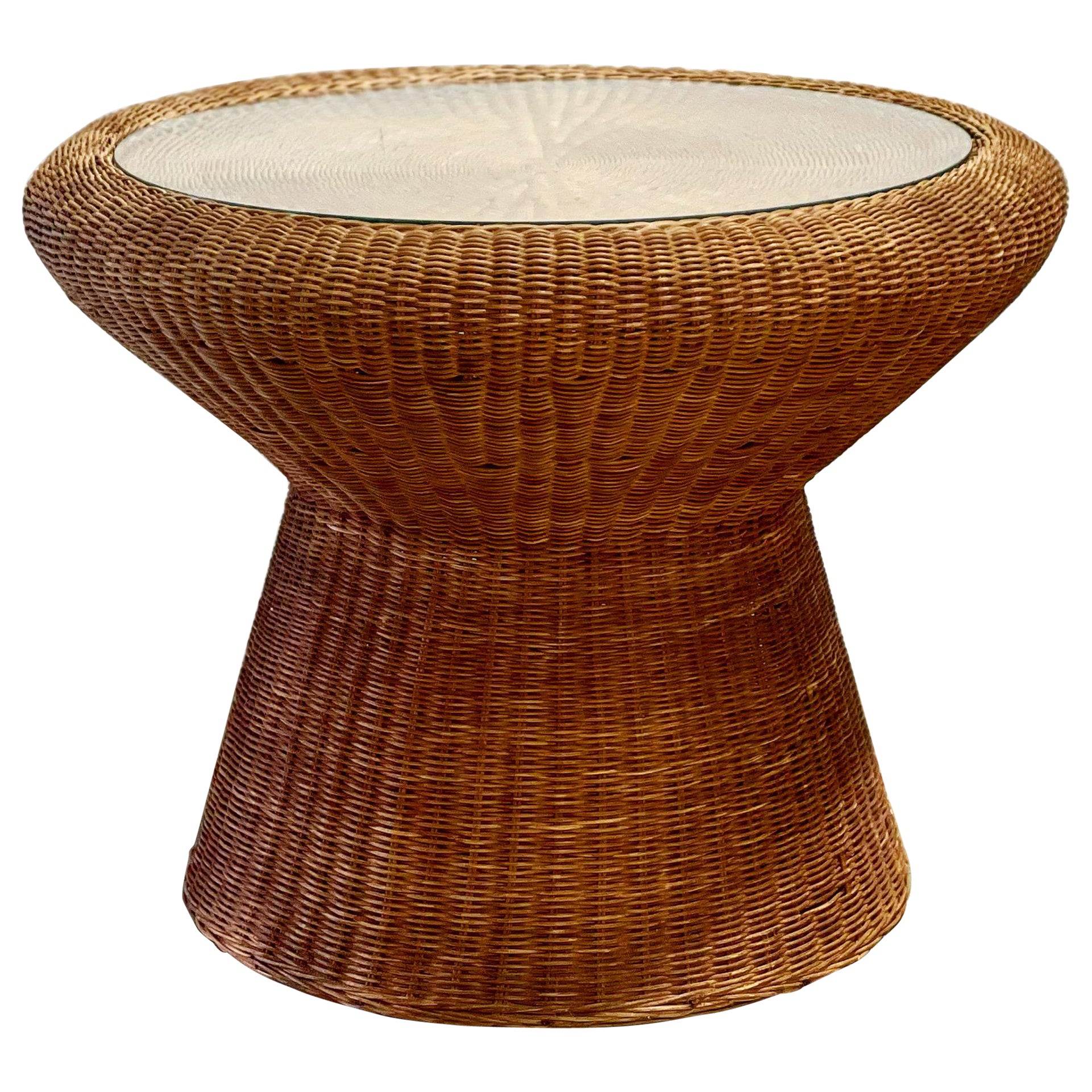 Midcentury Organic Modern Rattan Tulip Table, Vintage Bohemian Round Table
