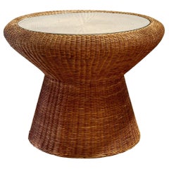 Midcentury Organic Modern Rattan Tulip Table, Vintage Bohemian Round Table