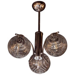 Midcentury Organic Modern Smoked Clear 
Textured Three Globe Chrome Chandelier