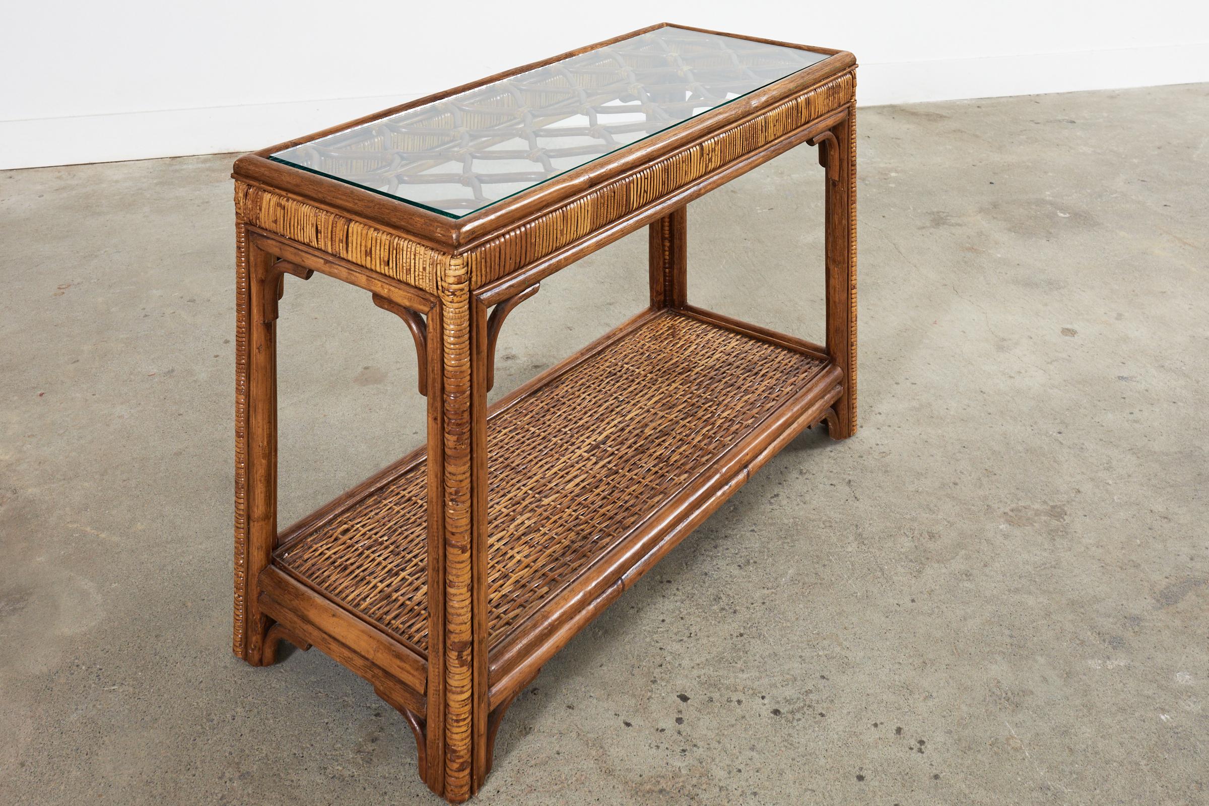 Midcentury Organic Modern Style Bamboo Rattan Console Table For Sale 2