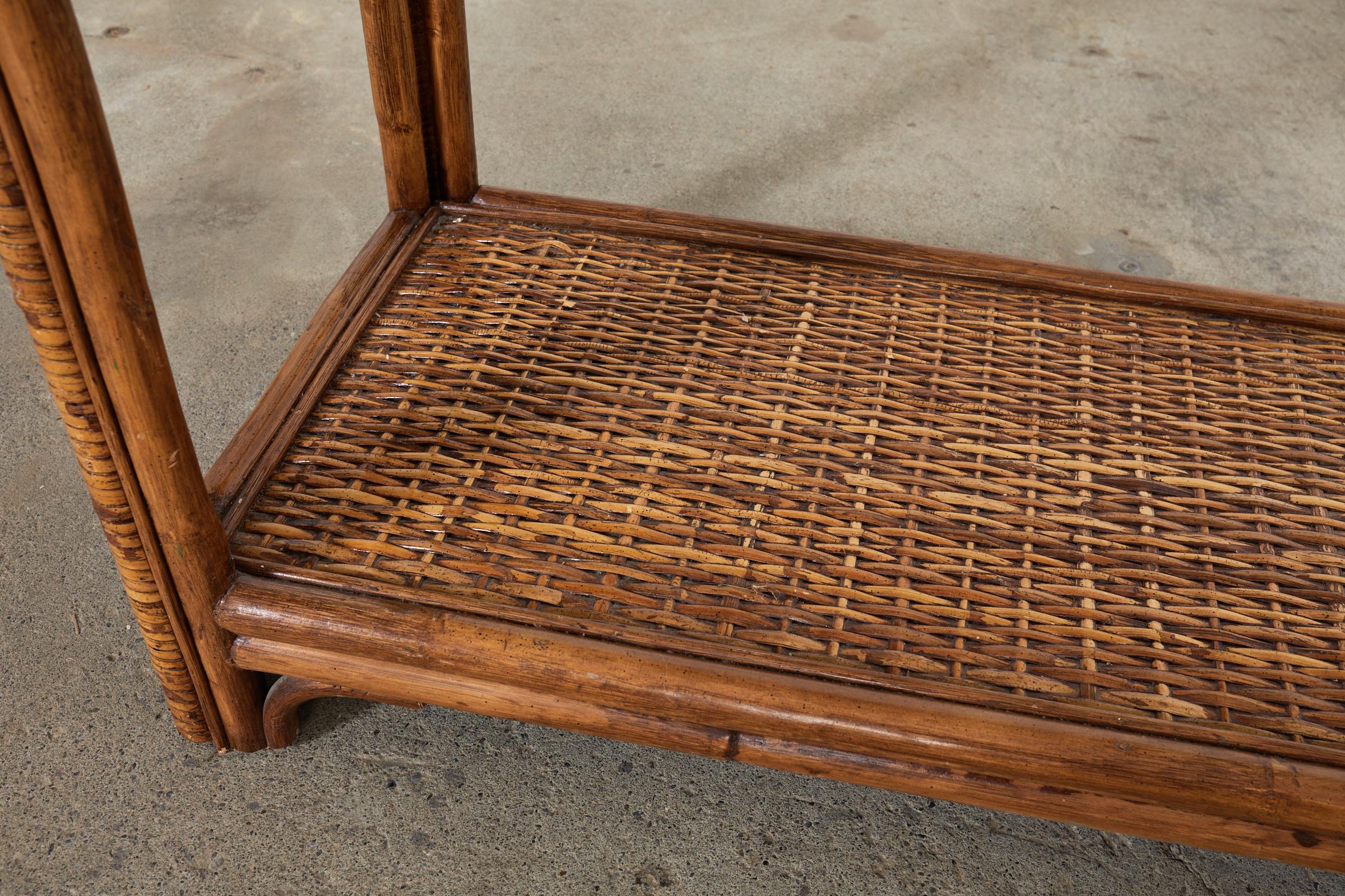 Hand-Crafted Midcentury Organic Modern Style Bamboo Rattan Console Table For Sale