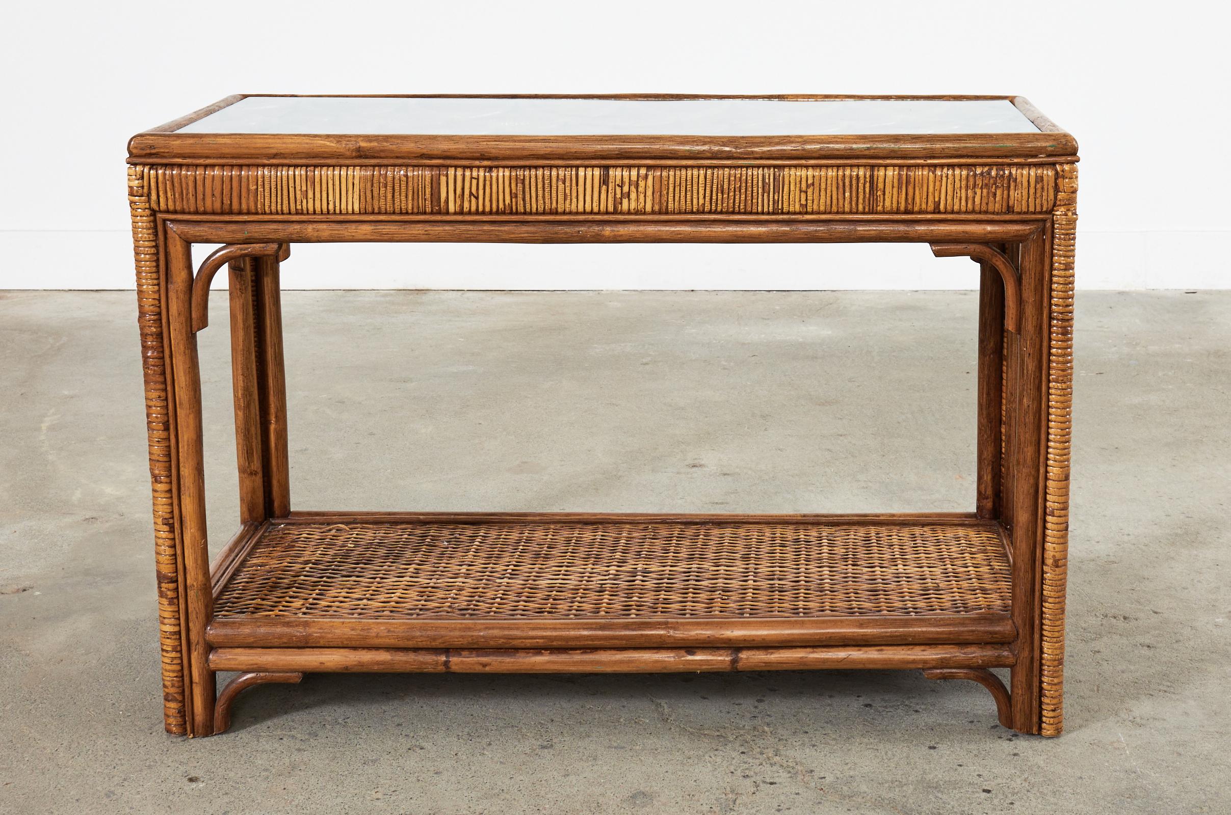 20th Century Midcentury Organic Modern Style Bamboo Rattan Console Table For Sale