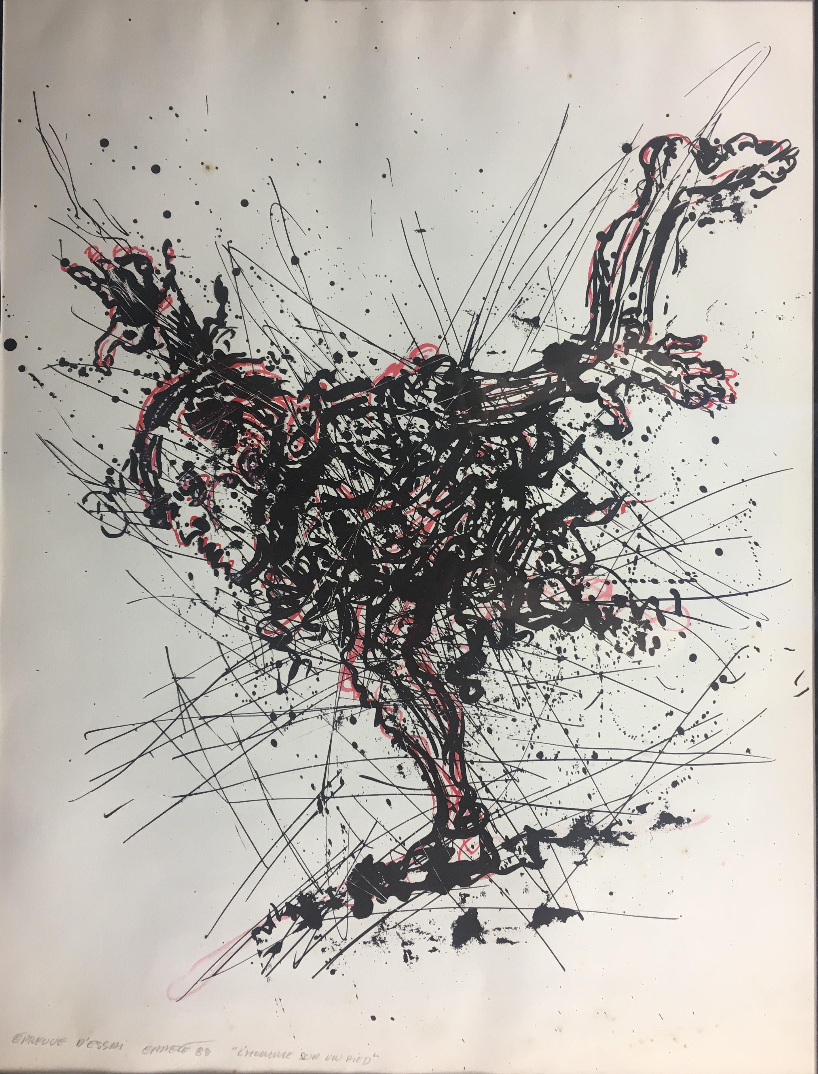Titled “l’Homme Sur Un Pied” 

This contemporary drawing by listed French artist, Gérard Eppelé whose abstract metaphysical forms of humans is a very interesting piece of masterful art. The Man on one Leg is only one of the hundreds of great works