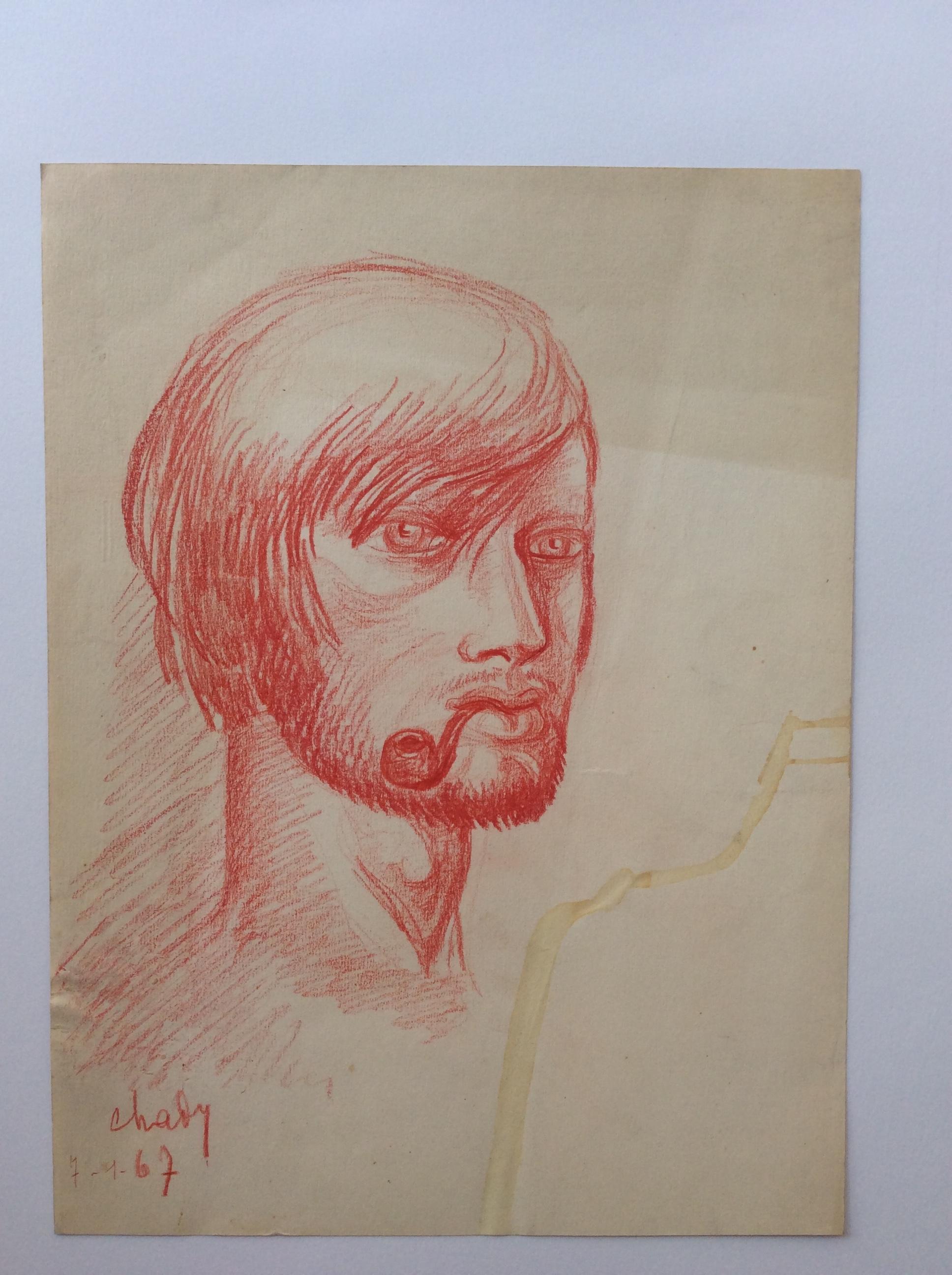 Mid-Century Modern Midcentury Original Portrait Drawing Signed Chady Dated 1967 For Sale