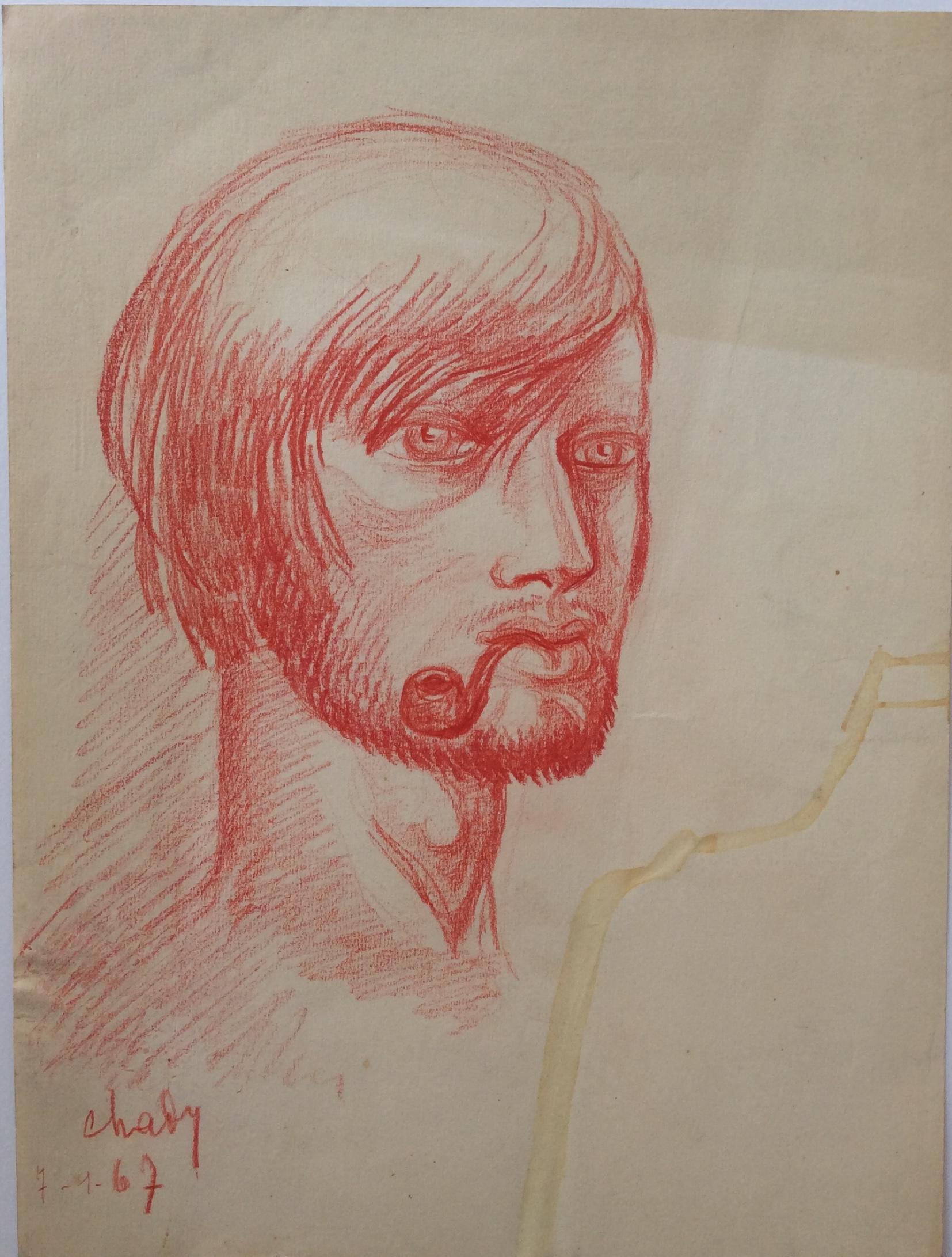French Midcentury Original Portrait Drawing Signed Chady Dated 1967 For Sale