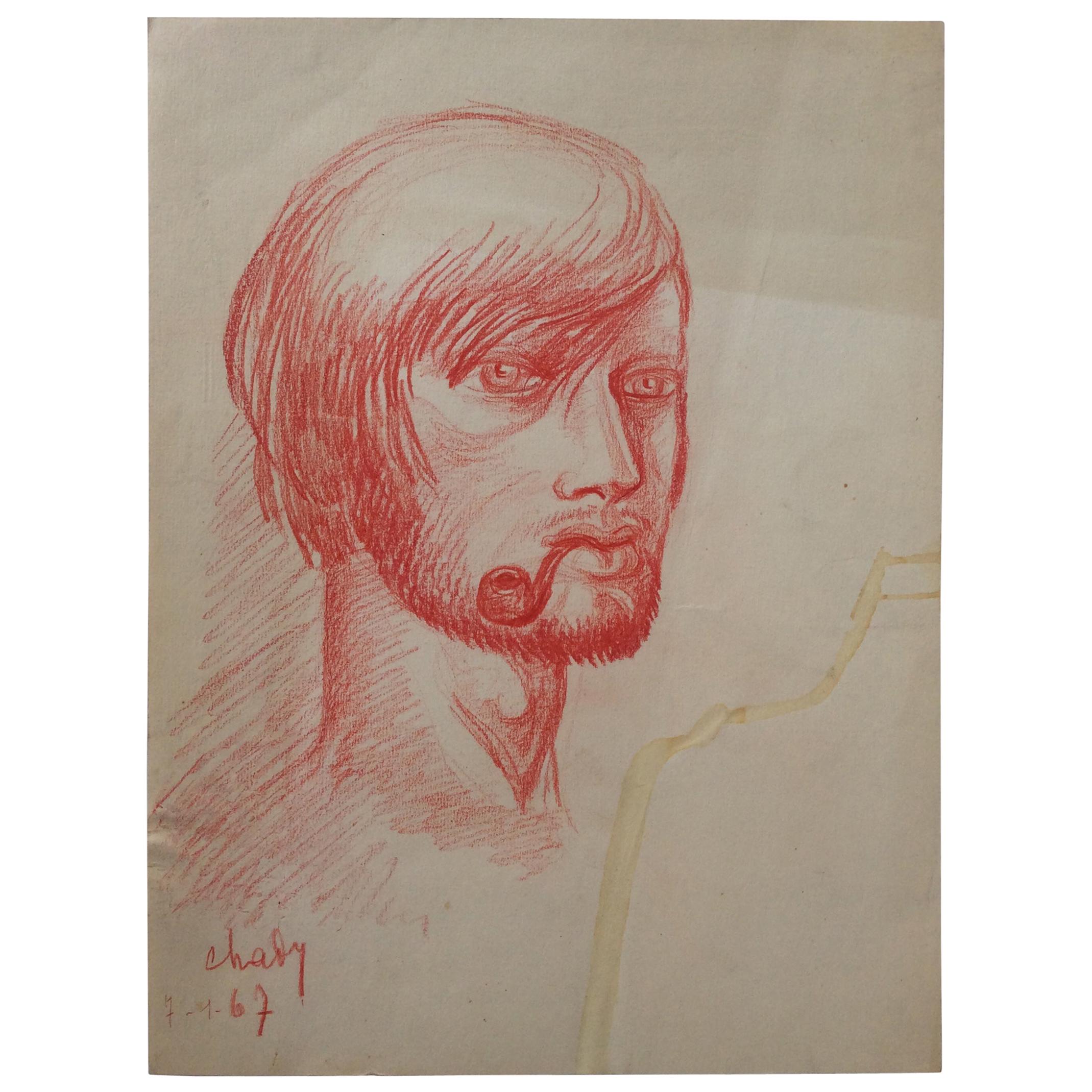 Midcentury Original Portrait Drawing Signed Chady Dated 1967 For Sale