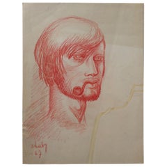 Midcentury Original Portrait Drawing Signed Chady, Dated 1967